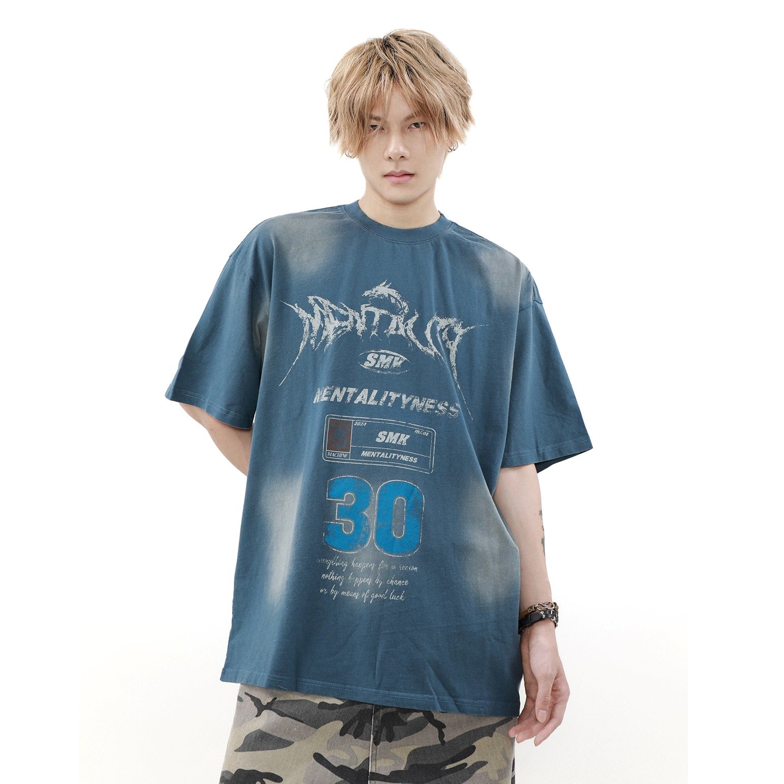 Washed Distressed Letter Print T-Shirt MR035