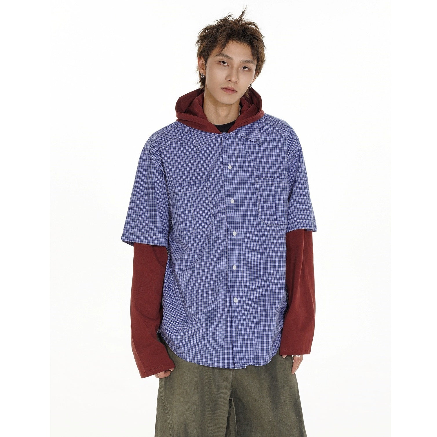 Fake Layered Plaid Shirt Hooded Pullover MB7143