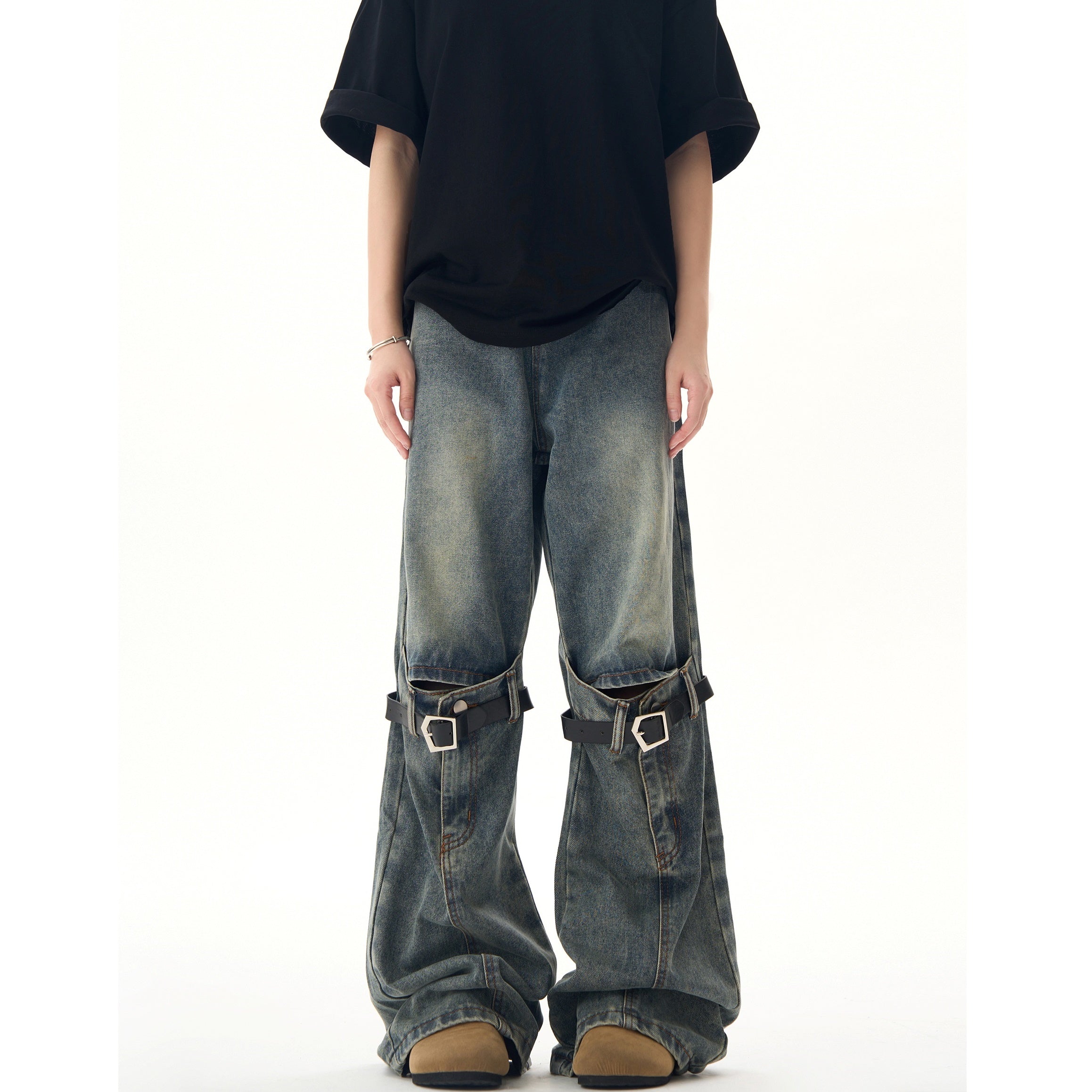 Knee Belt Stitching Design Distressed Bootcut Jeans MB7221