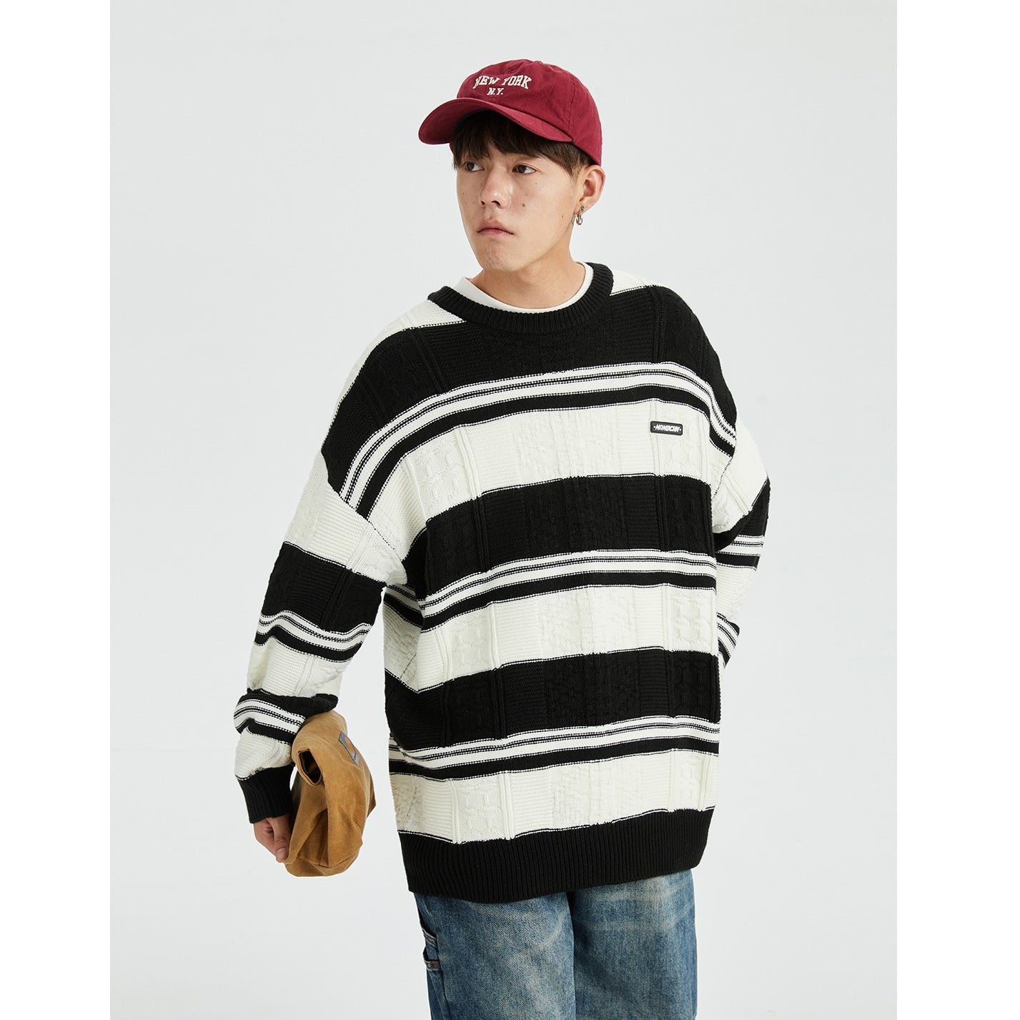 Contrasting Border Crewneck Loose Sweater MB7114