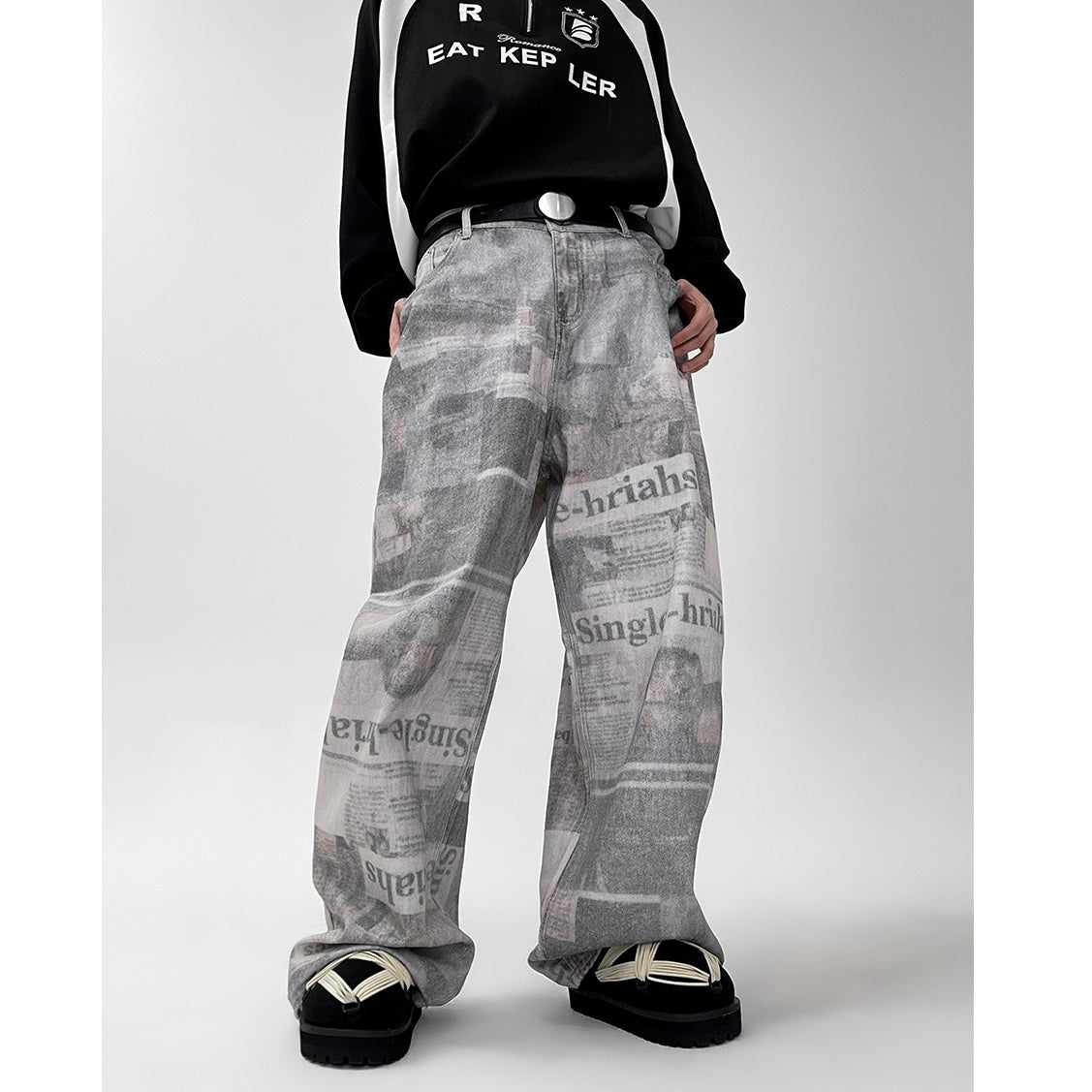 Graffiti Distressed Newspaper Pattern Jeans MB7090