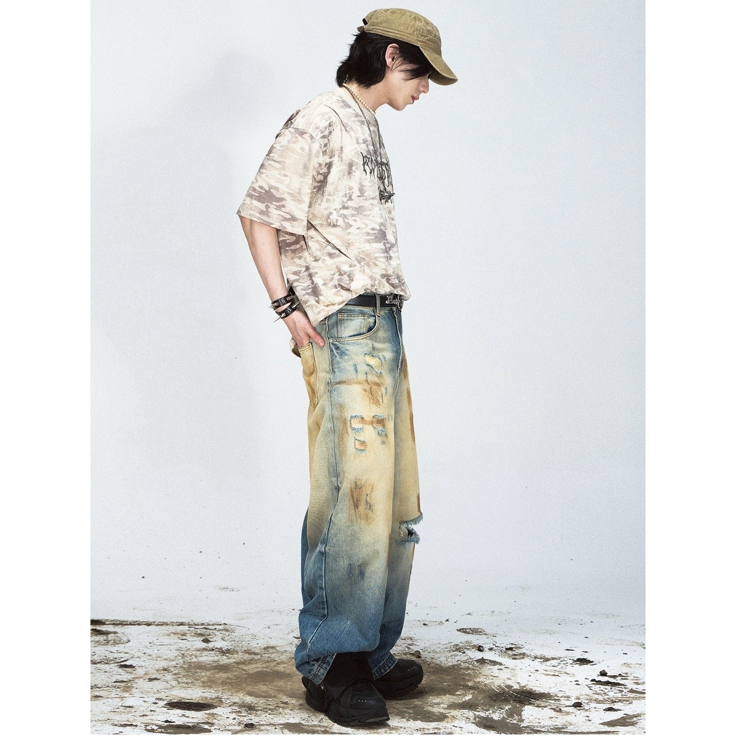 Yellow Mud Dyed Ripped Buggy Jeans MB7027