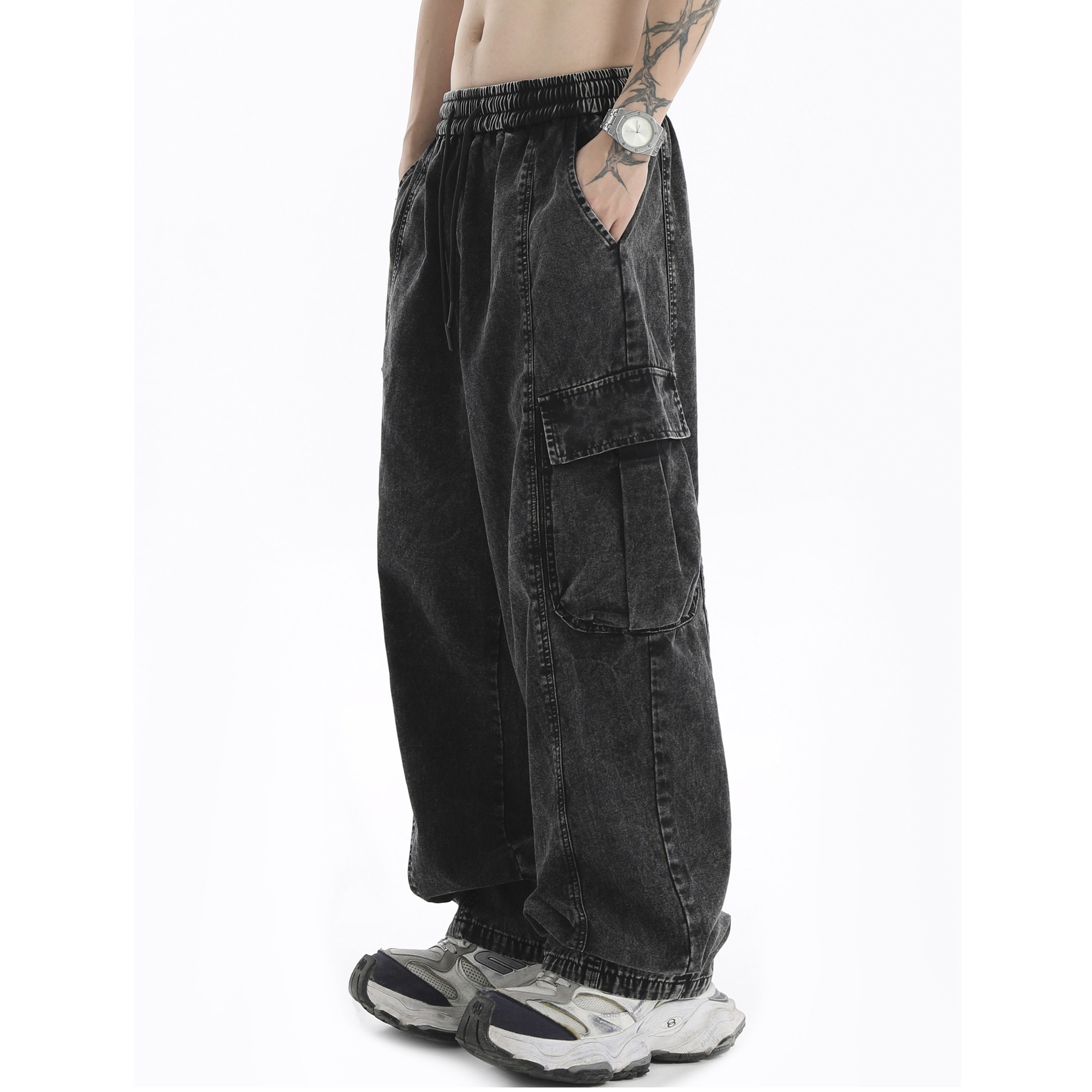 Wash Loose Wide Leg Drawstring Cargo Jeans IN7018