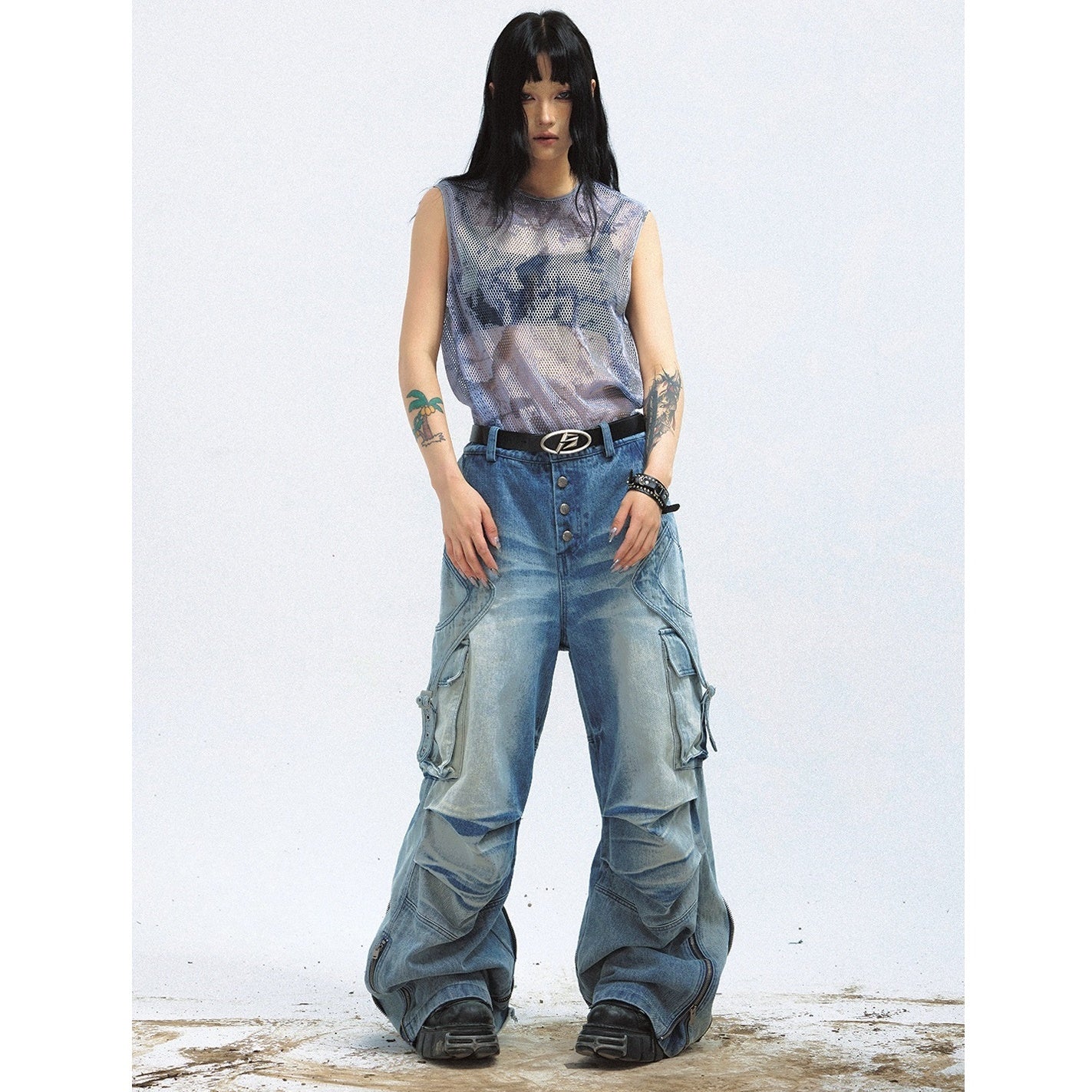 Shaped Breasted Pleated & Zipper Design Wide-Leg Cargo Jeans MB7024