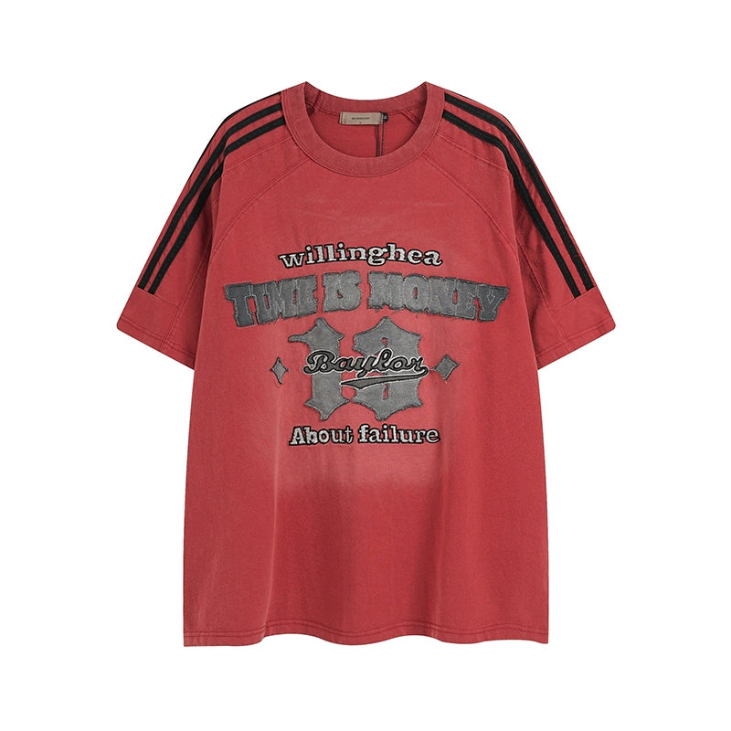 Vintage Letter Patch Embroidered Three-bar T-shirt MR034