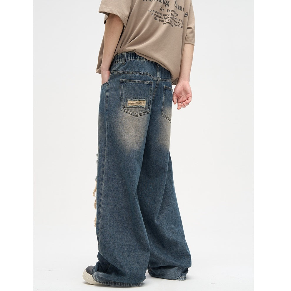 Street Patch Hole Design Loose Straight Jeans MB7003