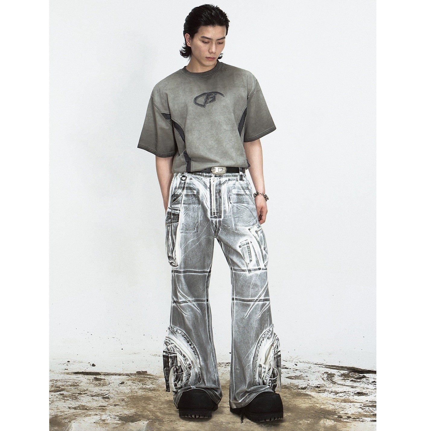 Shaped Structure Stain Brush Wide-Leg Jeans MB7063