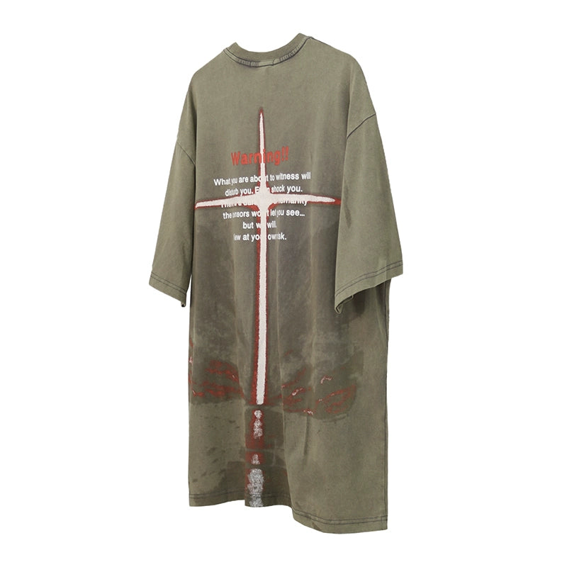 Laser Cross Print Distressed Wash T-shirt MB7017