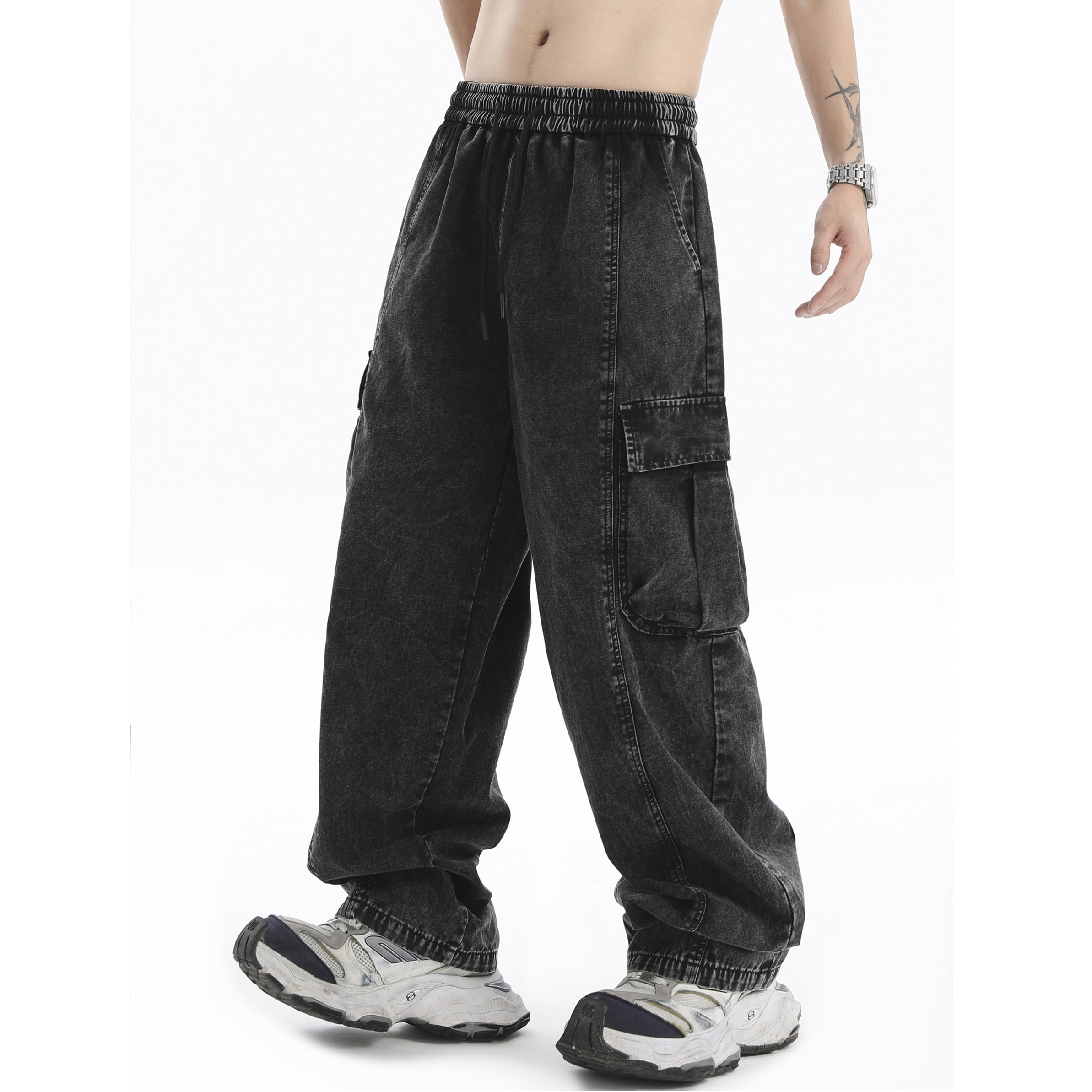 Wash Loose Wide Leg Drawstring Cargo Jeans IN7018