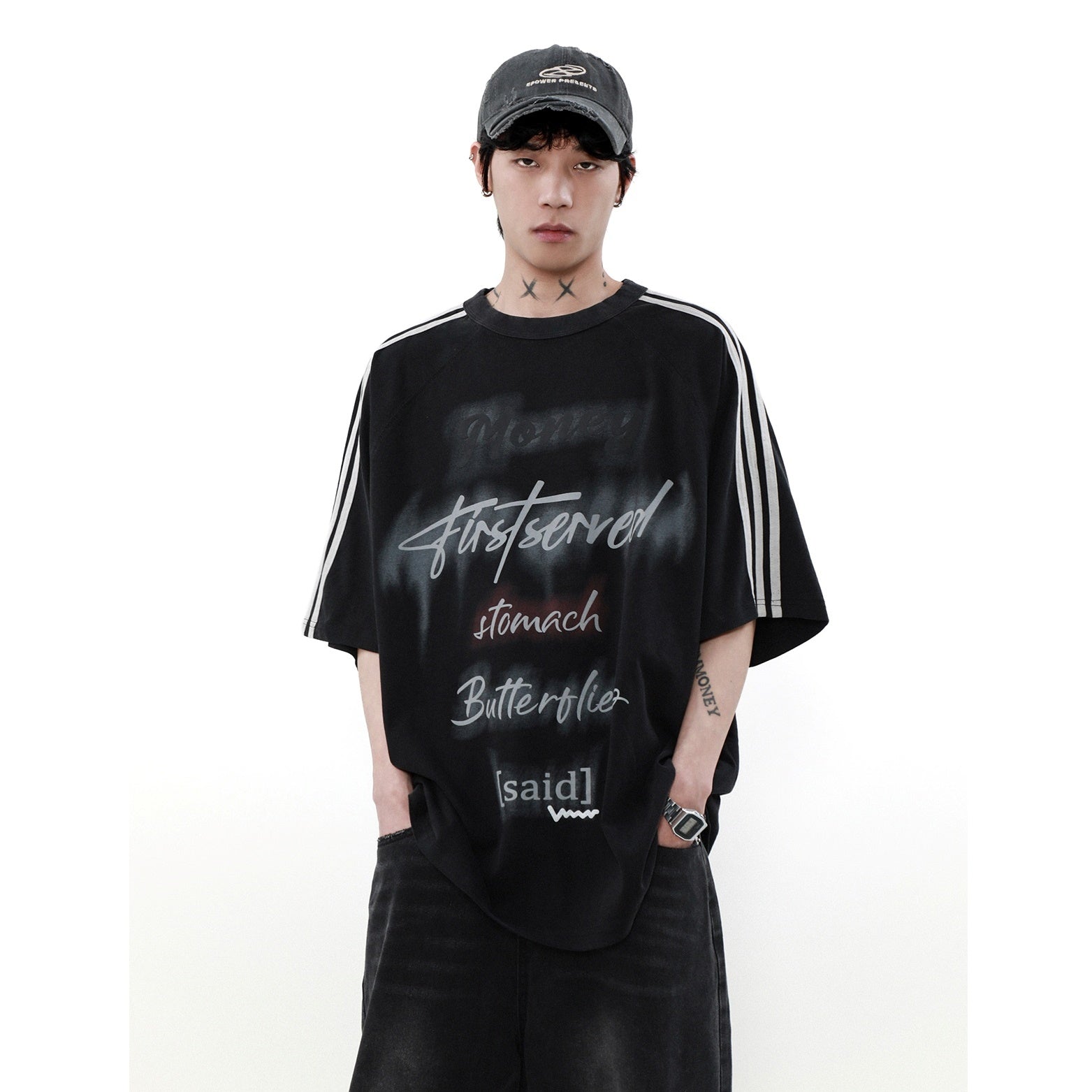 Wash Raglan Sleeve Letter Print T-shirt MR043