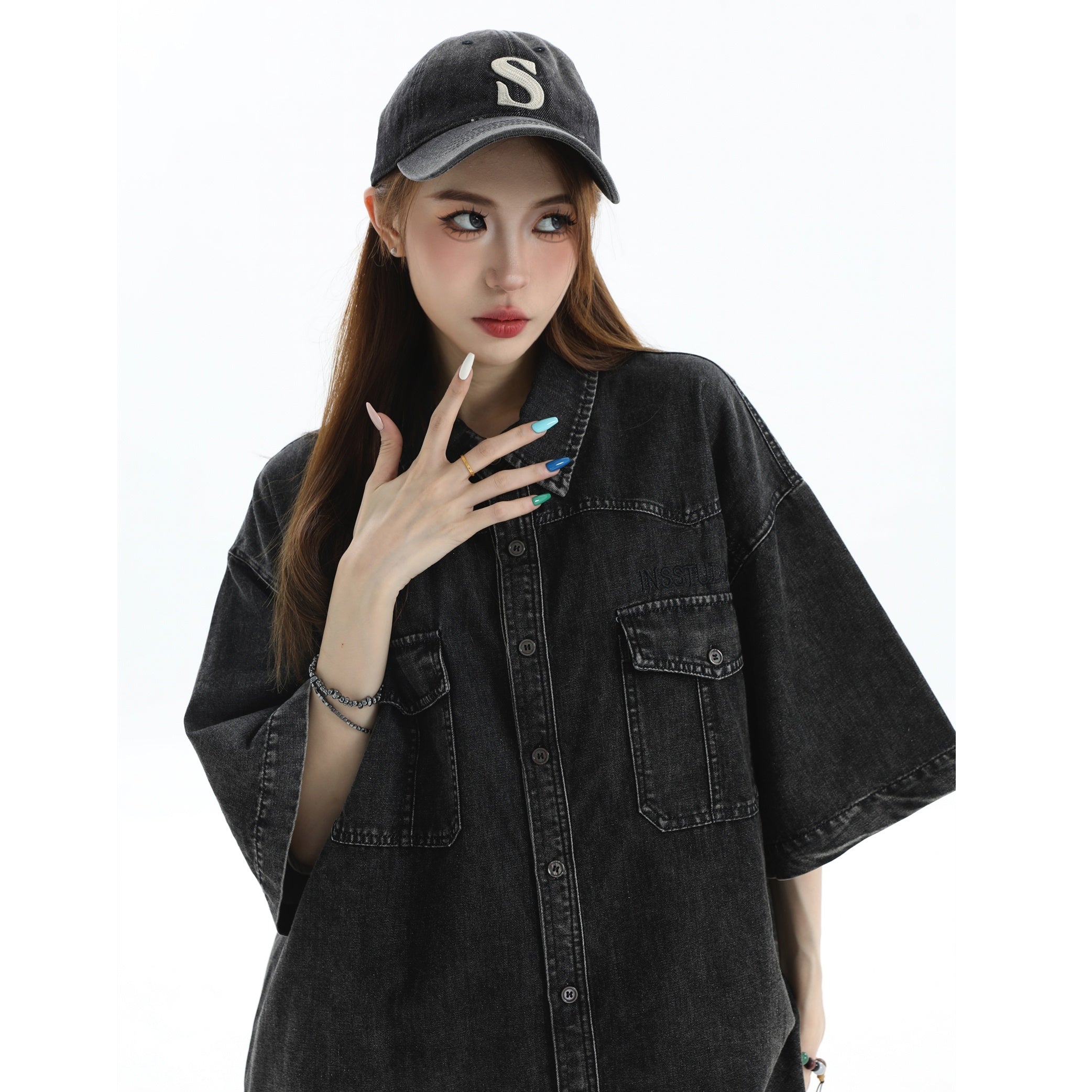 Embroidered Logo Loose Wash Denim Shirt IN7027