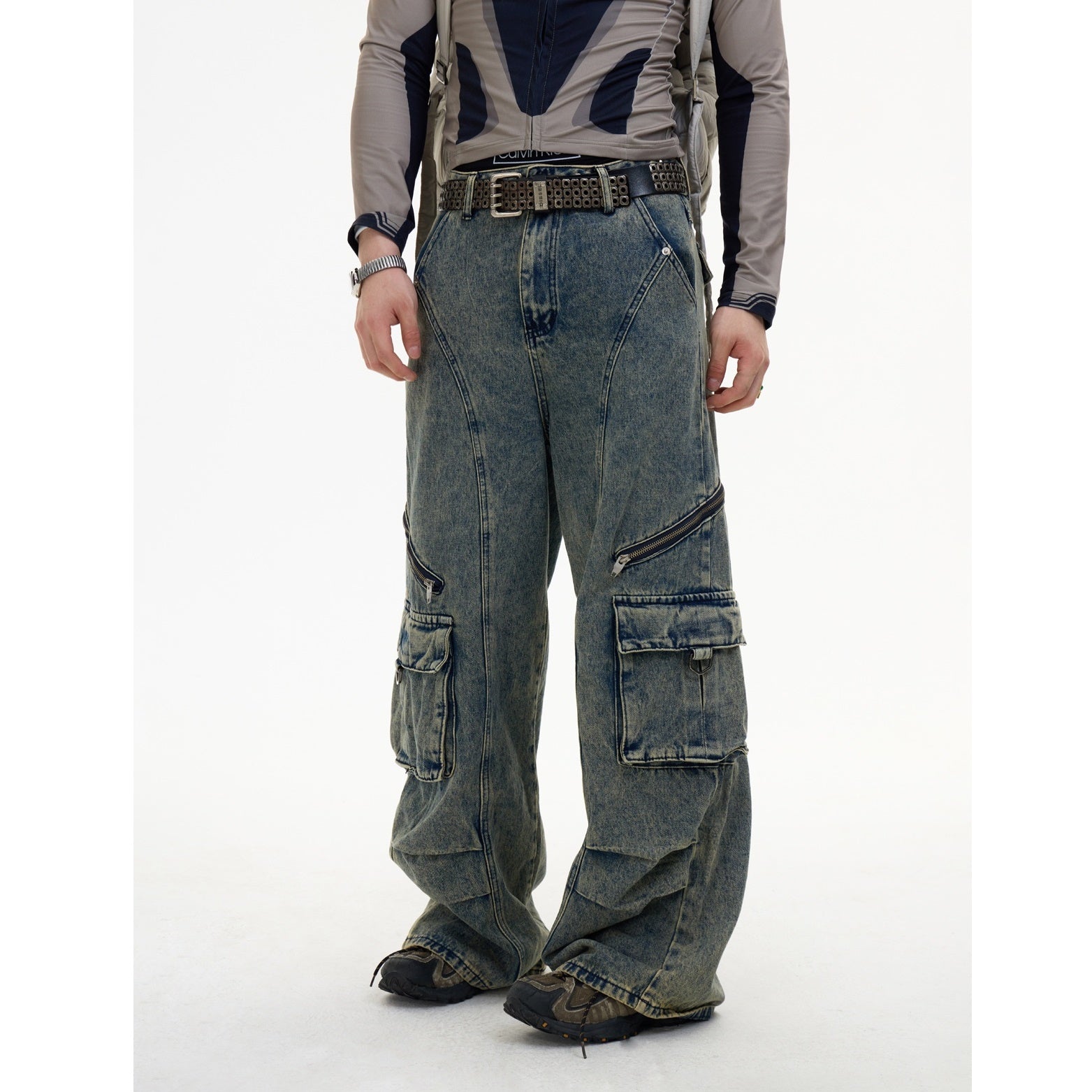 Detachable Strap Washed Cargo Jeans MB7030