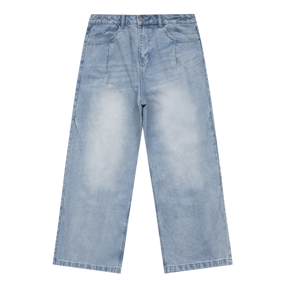 Side Double Pleats Wide Leg Wash Jeans BI2004
