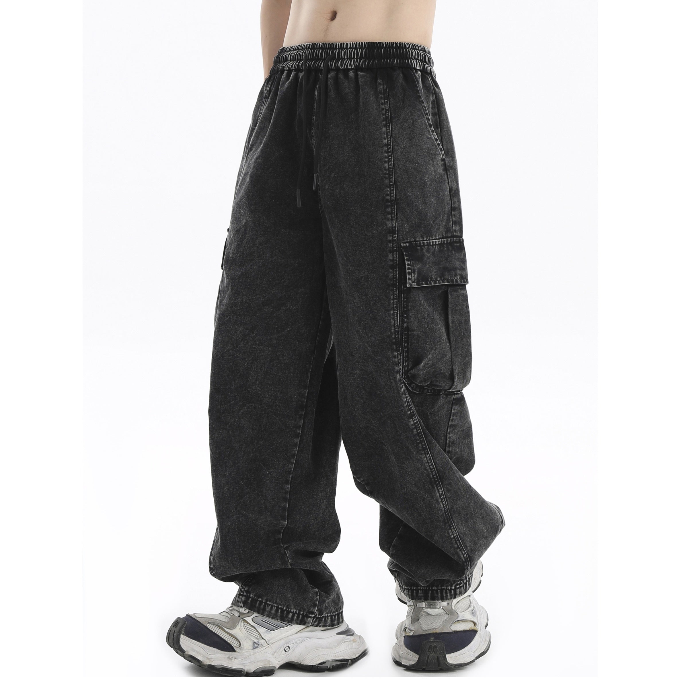 Wash Loose Wide Leg Drawstring Cargo Jeans IN7018