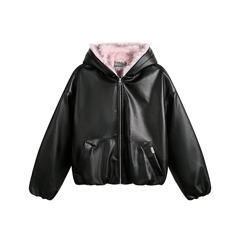 Plush PU Leather Hooded Jacket MB7294