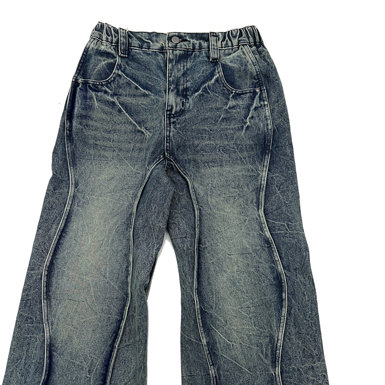 Three-dimensional Wave Stitch Loose Straight Crackle Jeans FT8002