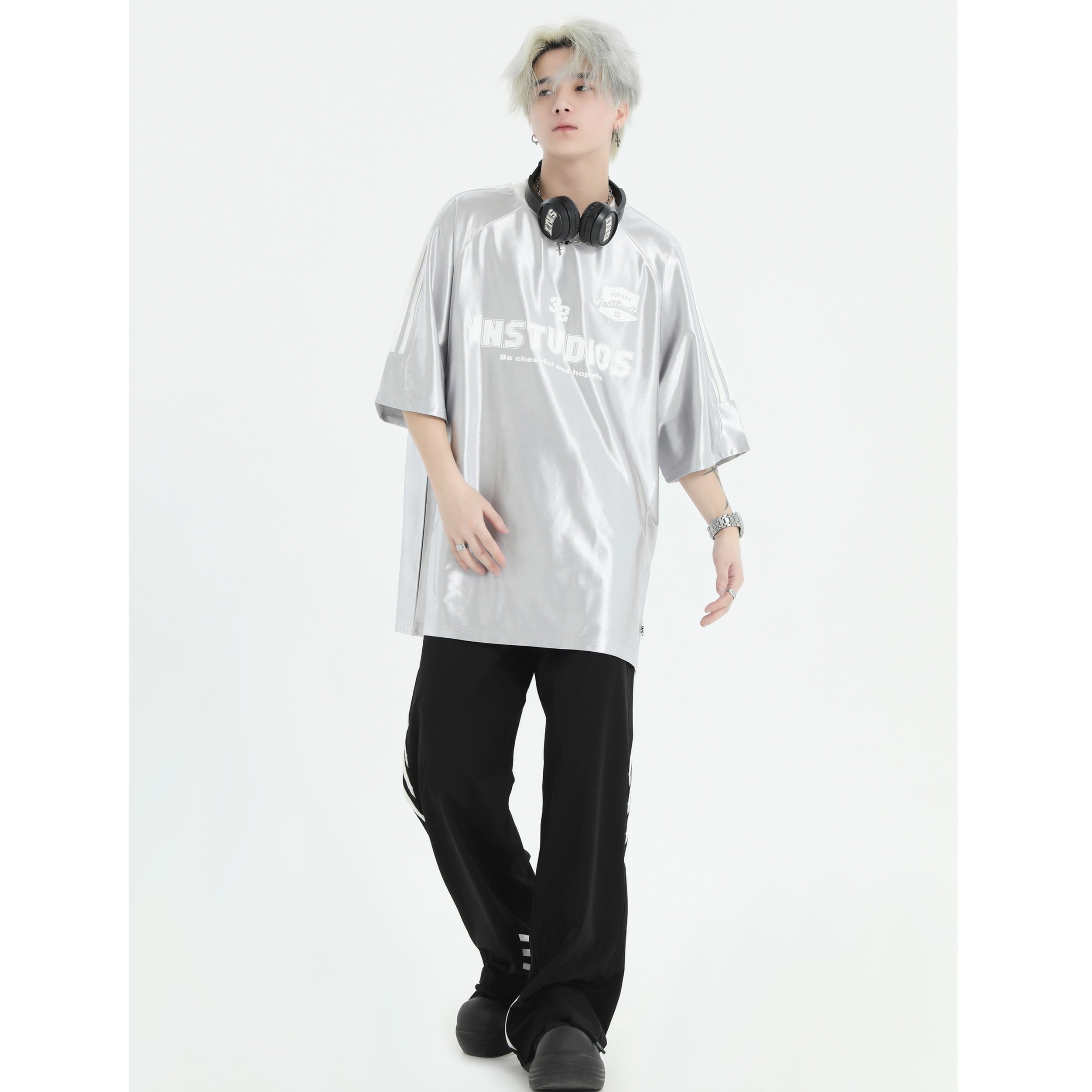 Glossy Three-Bar Raglan Striped T-Shirt IN7015