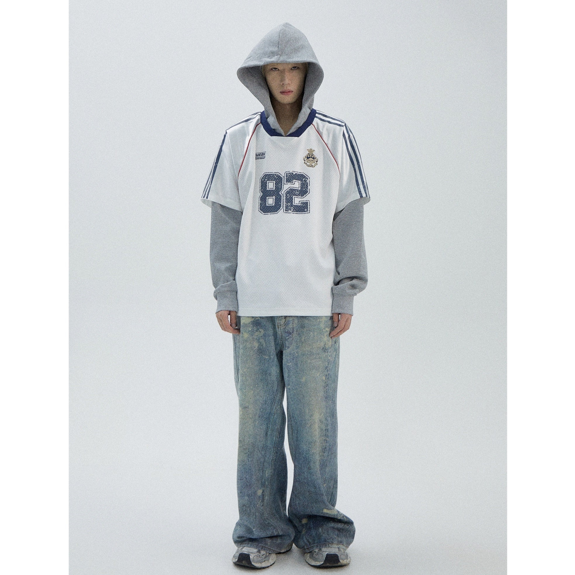 Football Letter Print Fake Layered Hooded Top MB7072