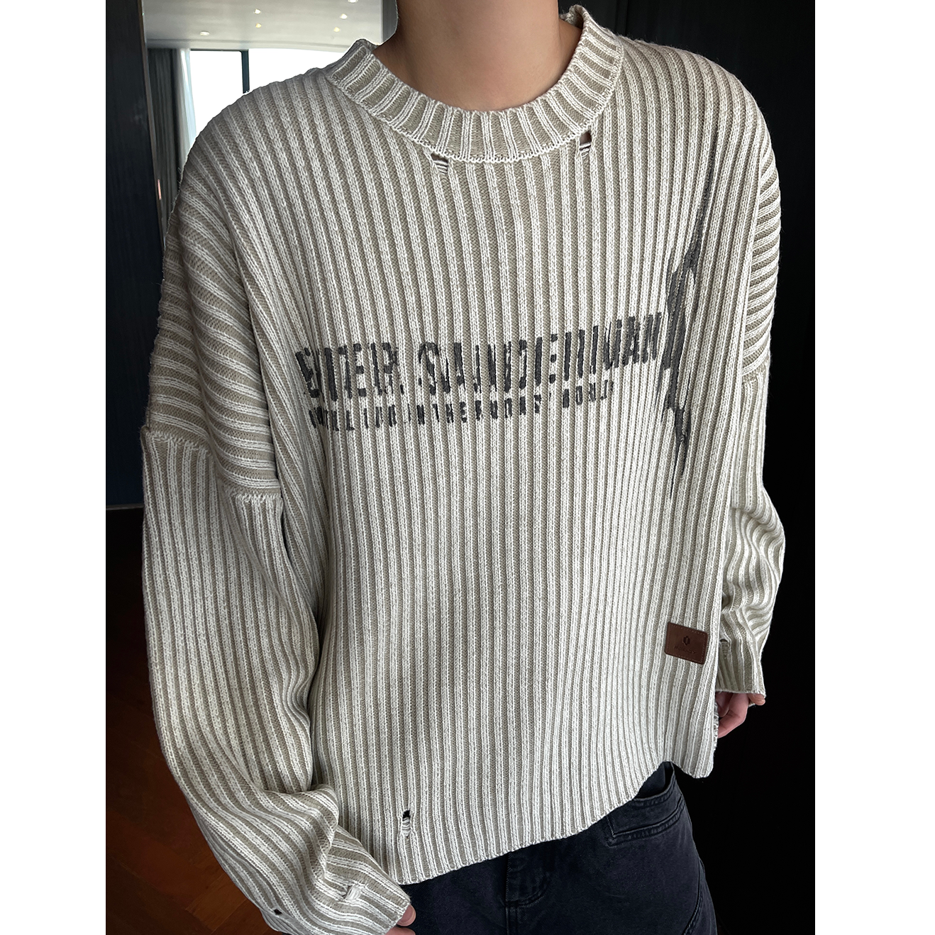 Wormhole Design Loose Round Neck Letter Knit EAT028