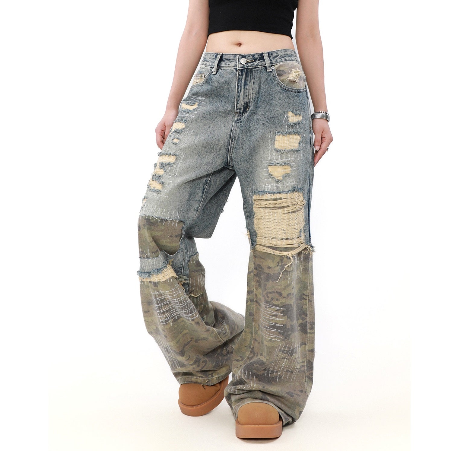 Splicing Camouflage Destruction Whiskering Jeans MB7206