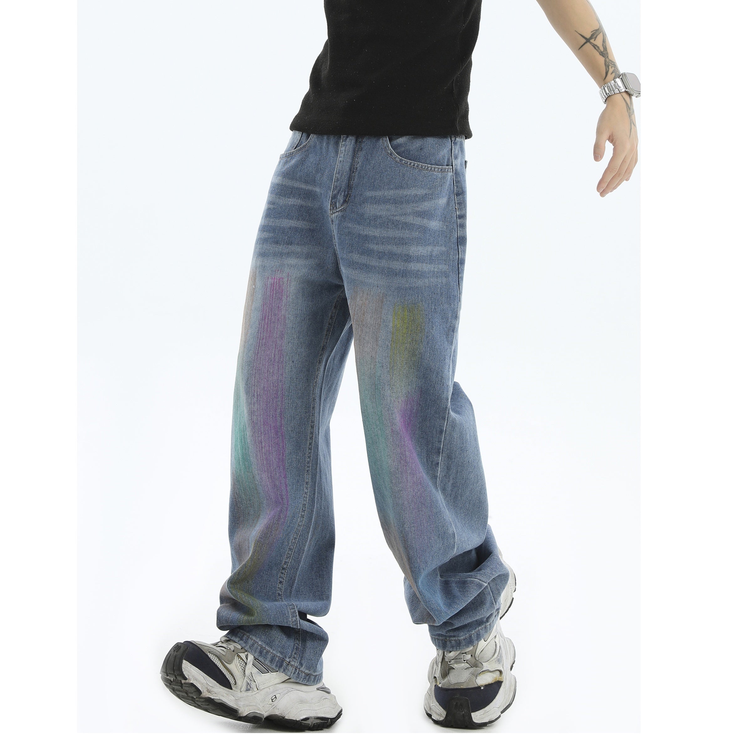 Painted Graffiti Washed Loose Straight Jeans IN7043