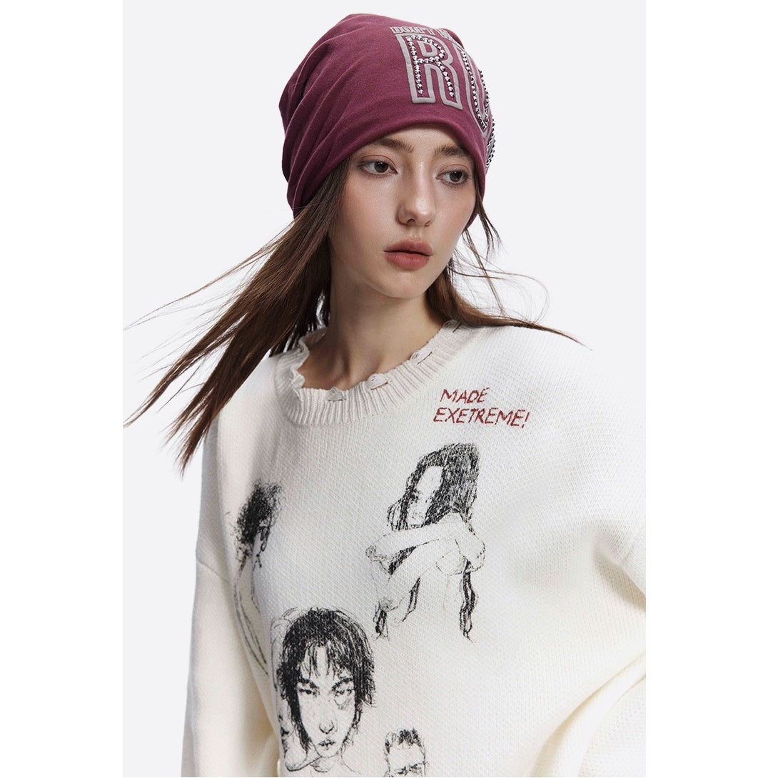 Sketch Print Design Loose Damage Sweater MB7205