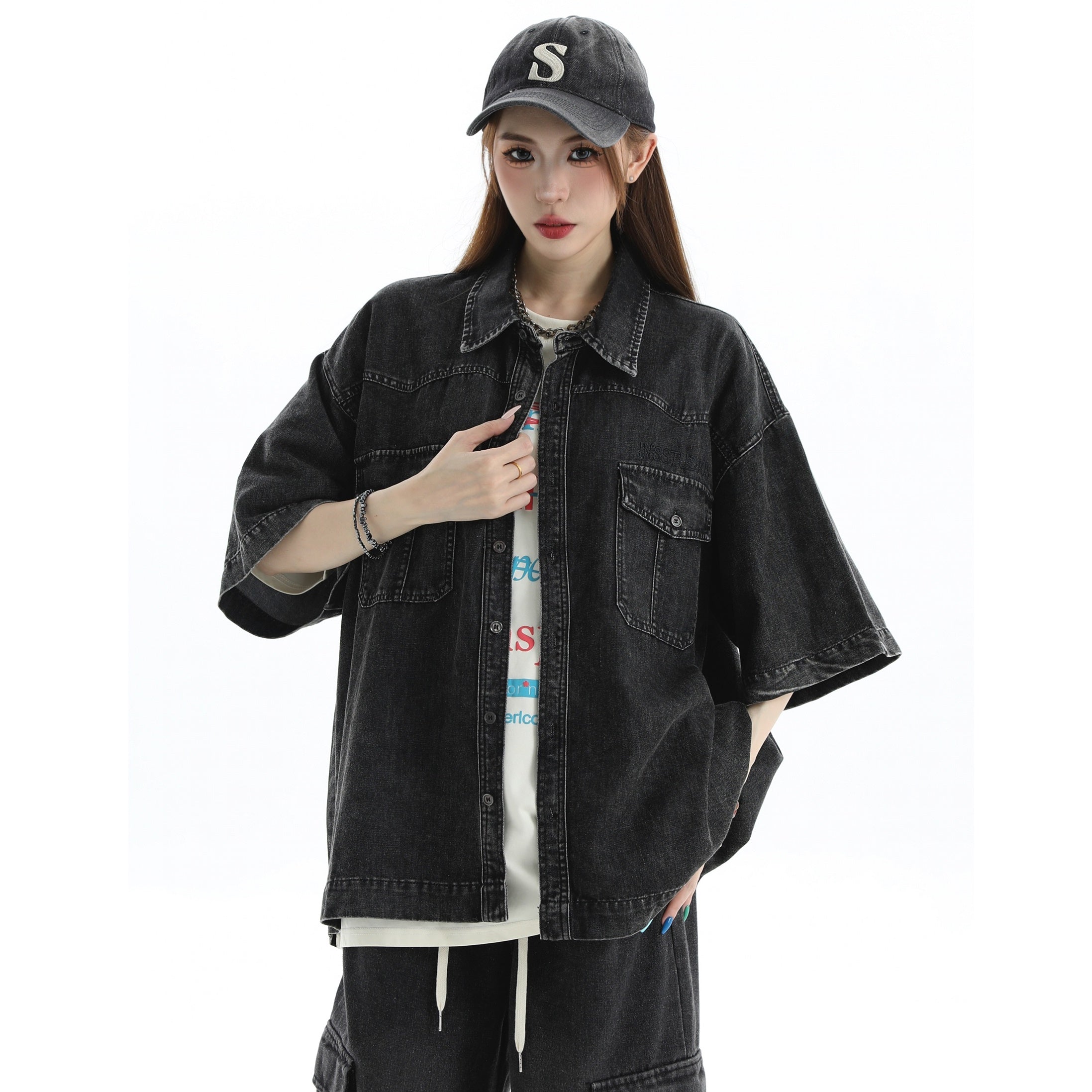 Embroidered Logo Loose Wash Denim Shirt IN7027