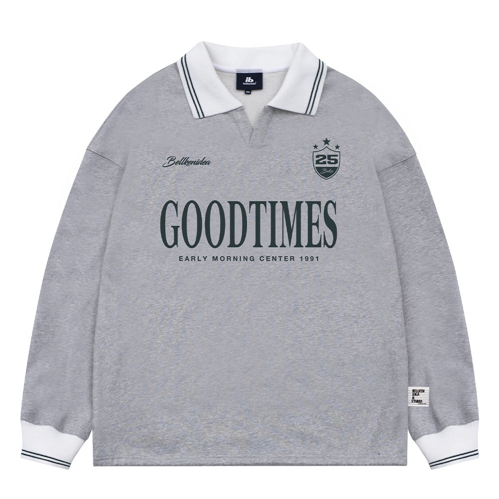 Contrast Polo Lapel Vintage Print Sweatshirt BI2010