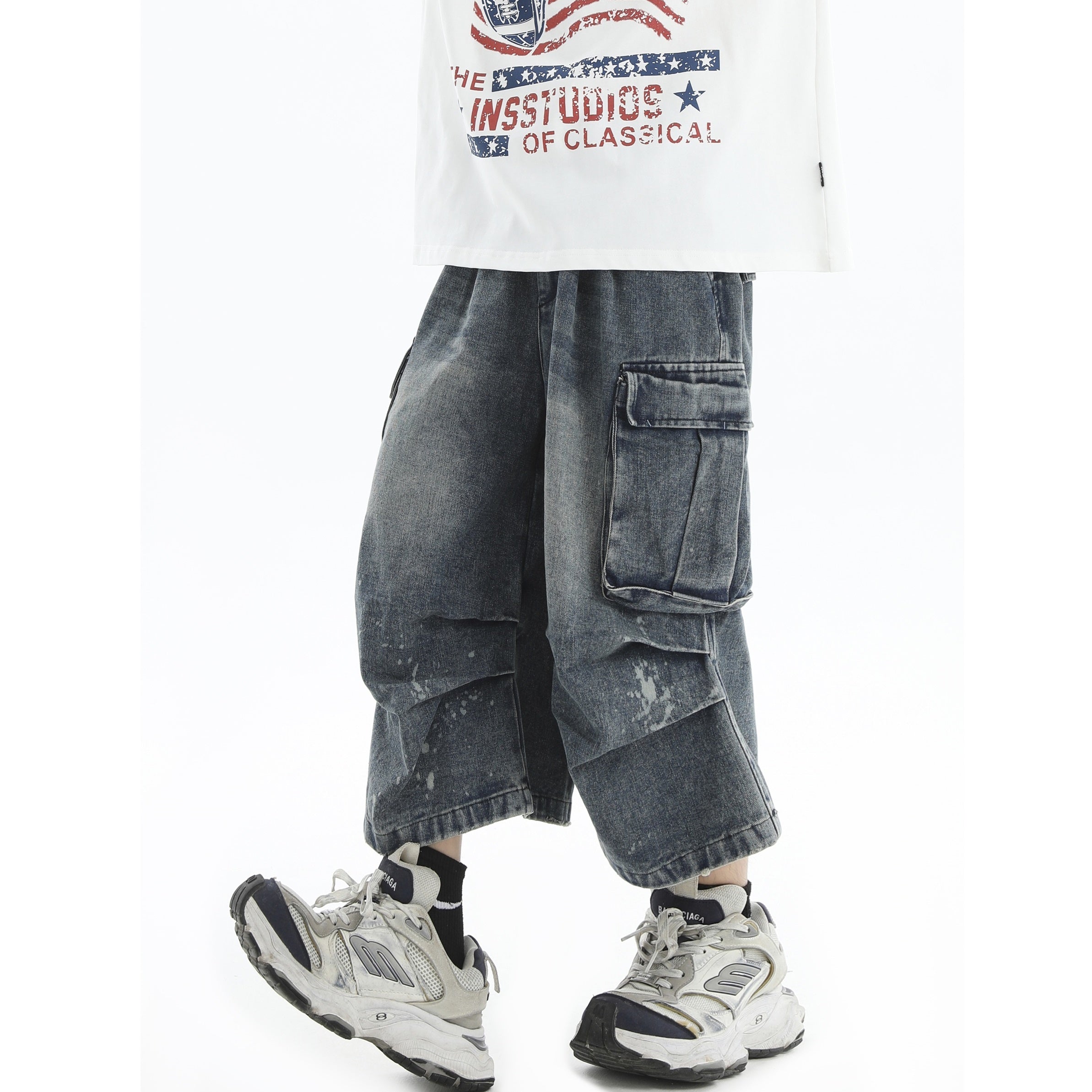 Paint-Splashed Pleated Denim Cropped Cargo Pants IN7022