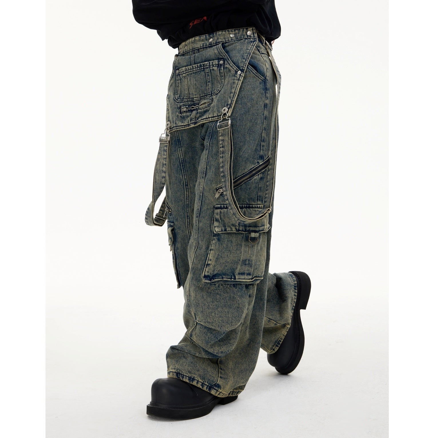 Detachable Strap Washed Cargo Jeans MB7030