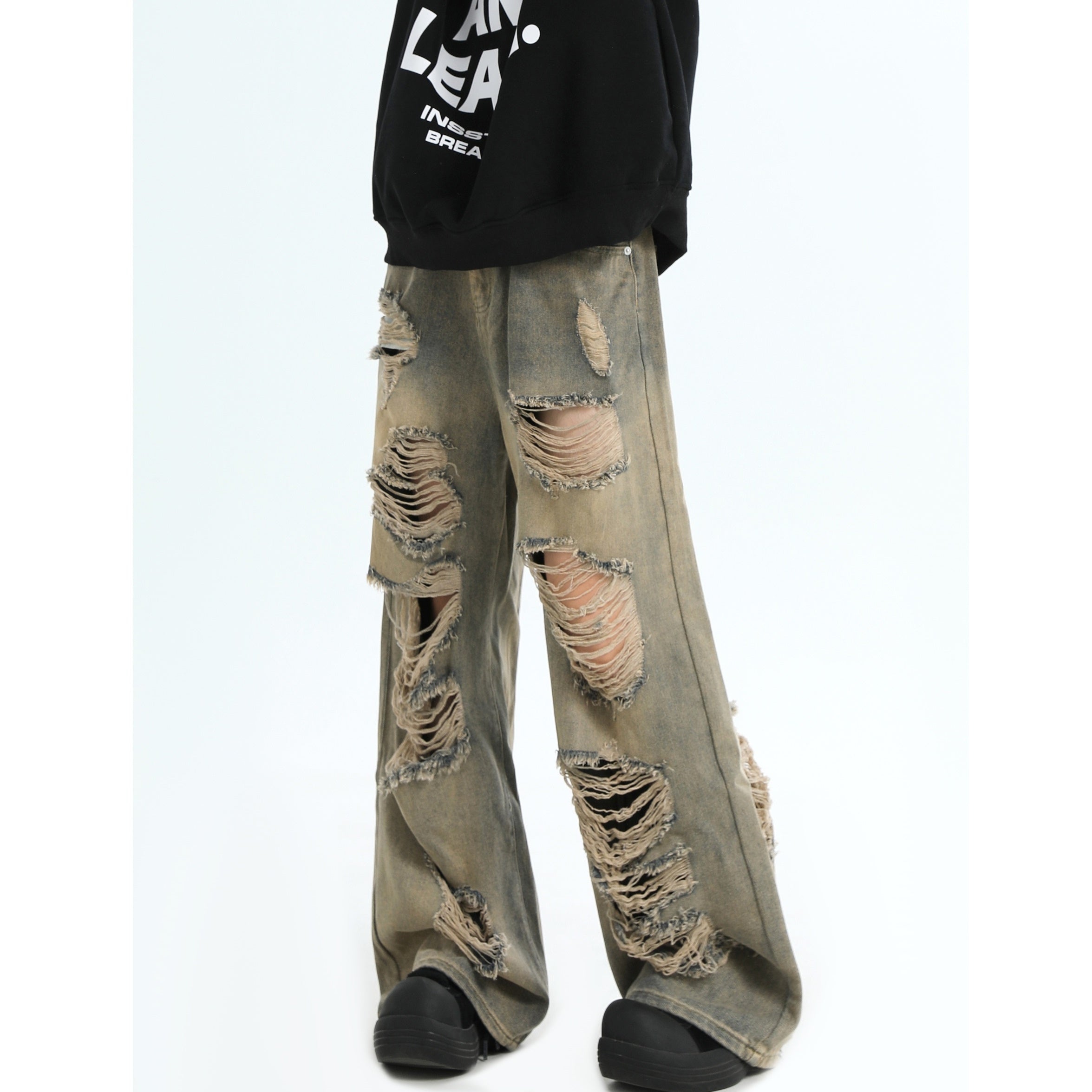 Hard Ripped Wash Loose Straight Jeans MB7103