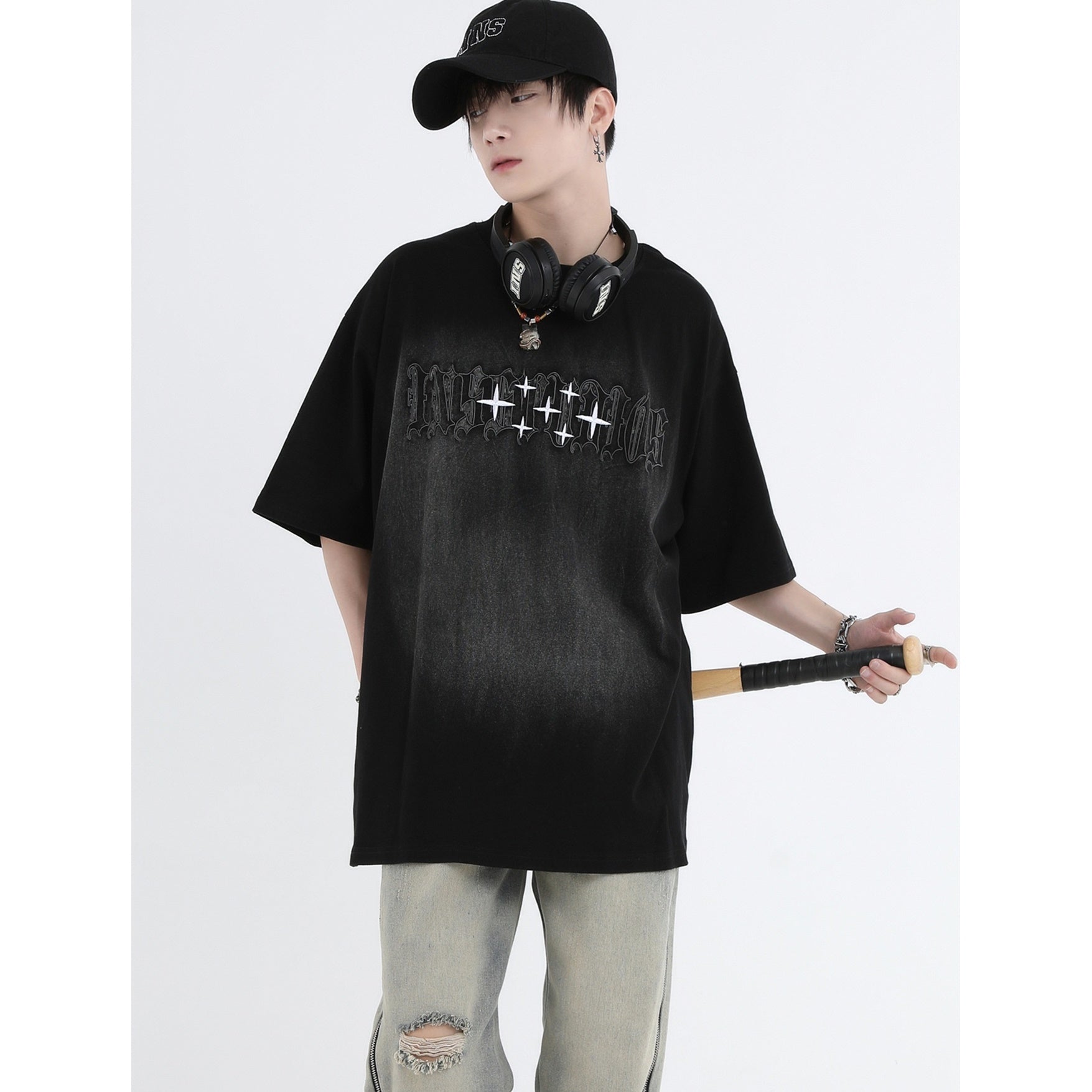 Gothic Font Embroidery LOGO Wash T-Shirt IN7011