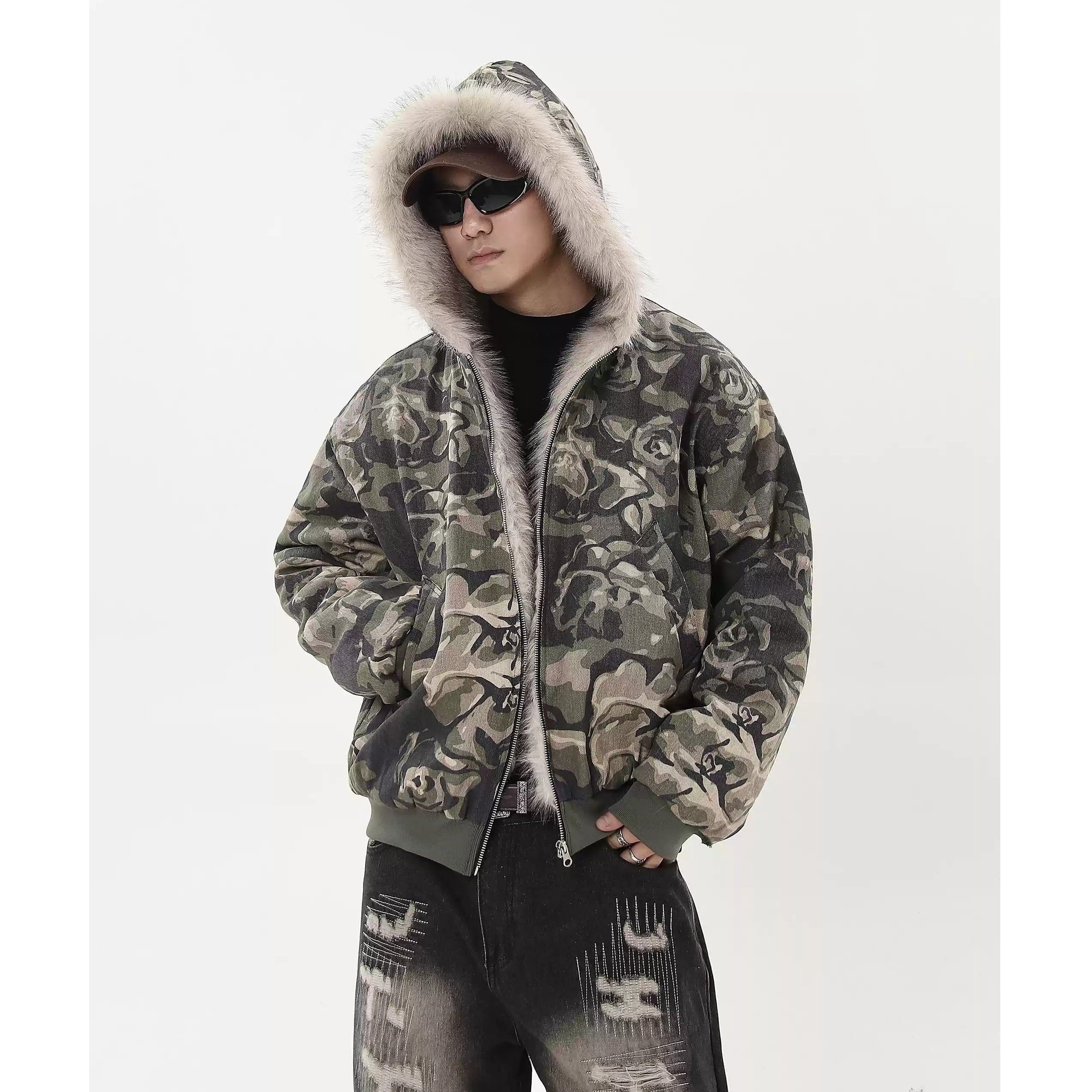 Camouflage Plush Zip-Up Hooded Jacket MB7217