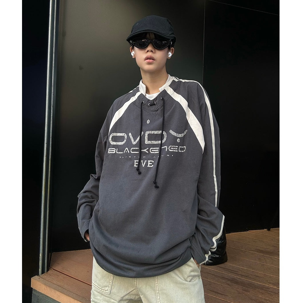 Drawstring Small Collar Long Sleeve T-shirt MB7136