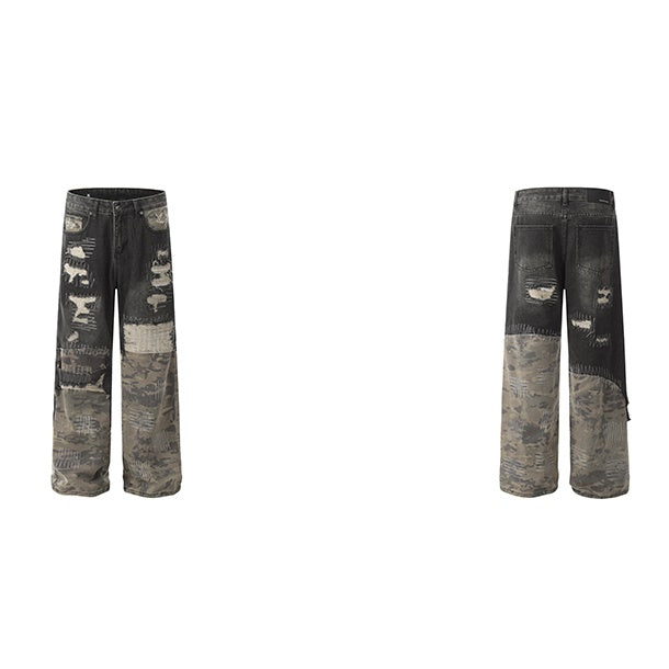 Camouflage Stitched Damage Loose Jeans MB7257