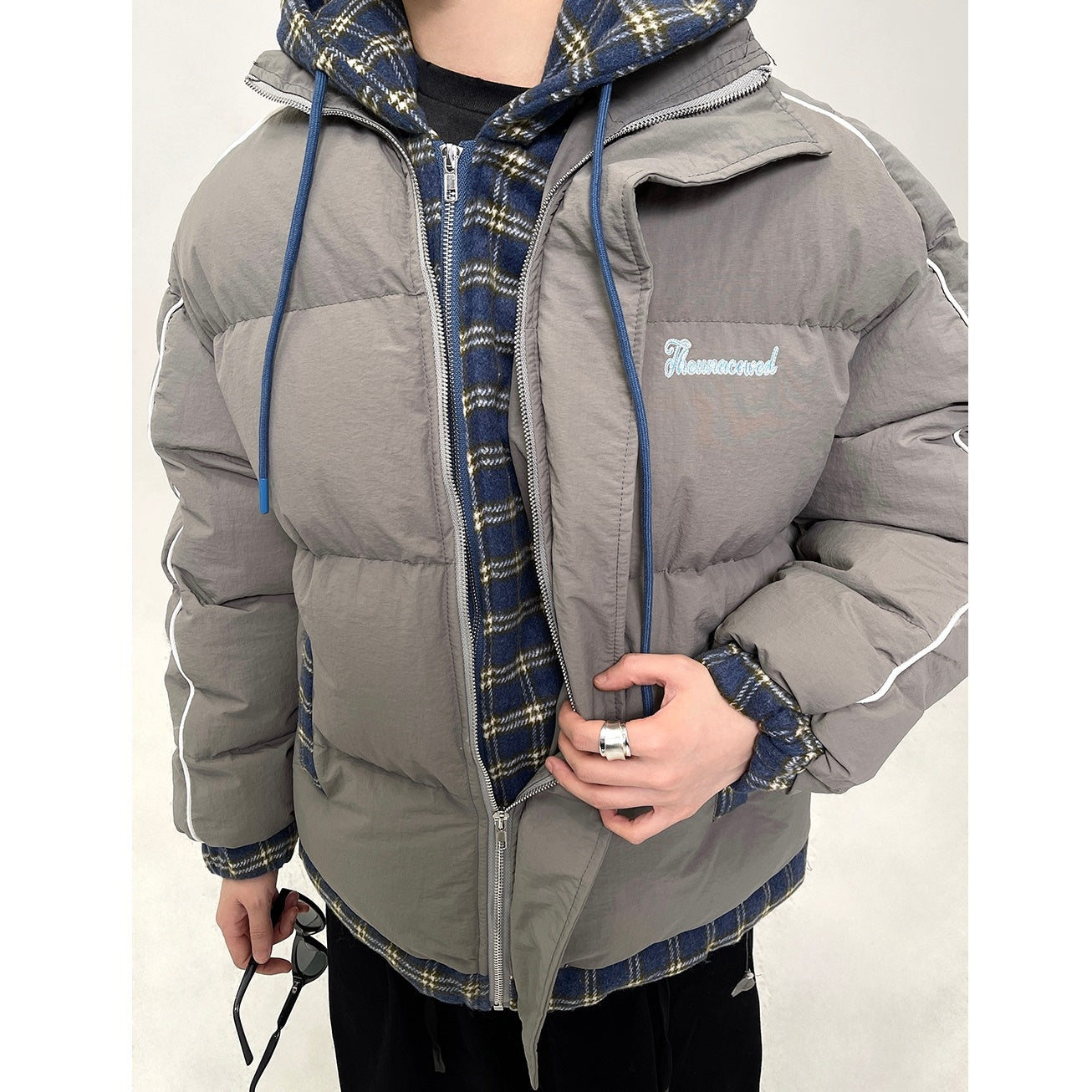 Fake Two-piece Plaid Hooded Padded Jacket EAT038