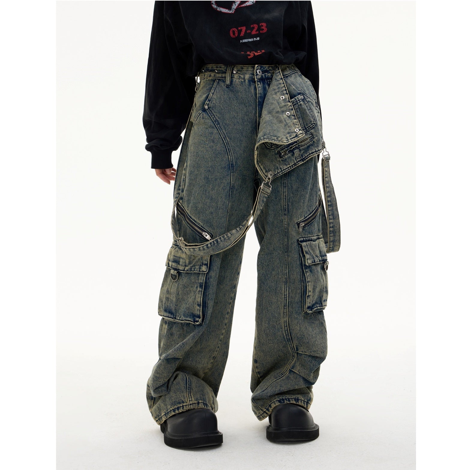 Detachable Strap Washed Cargo Jeans MB7030