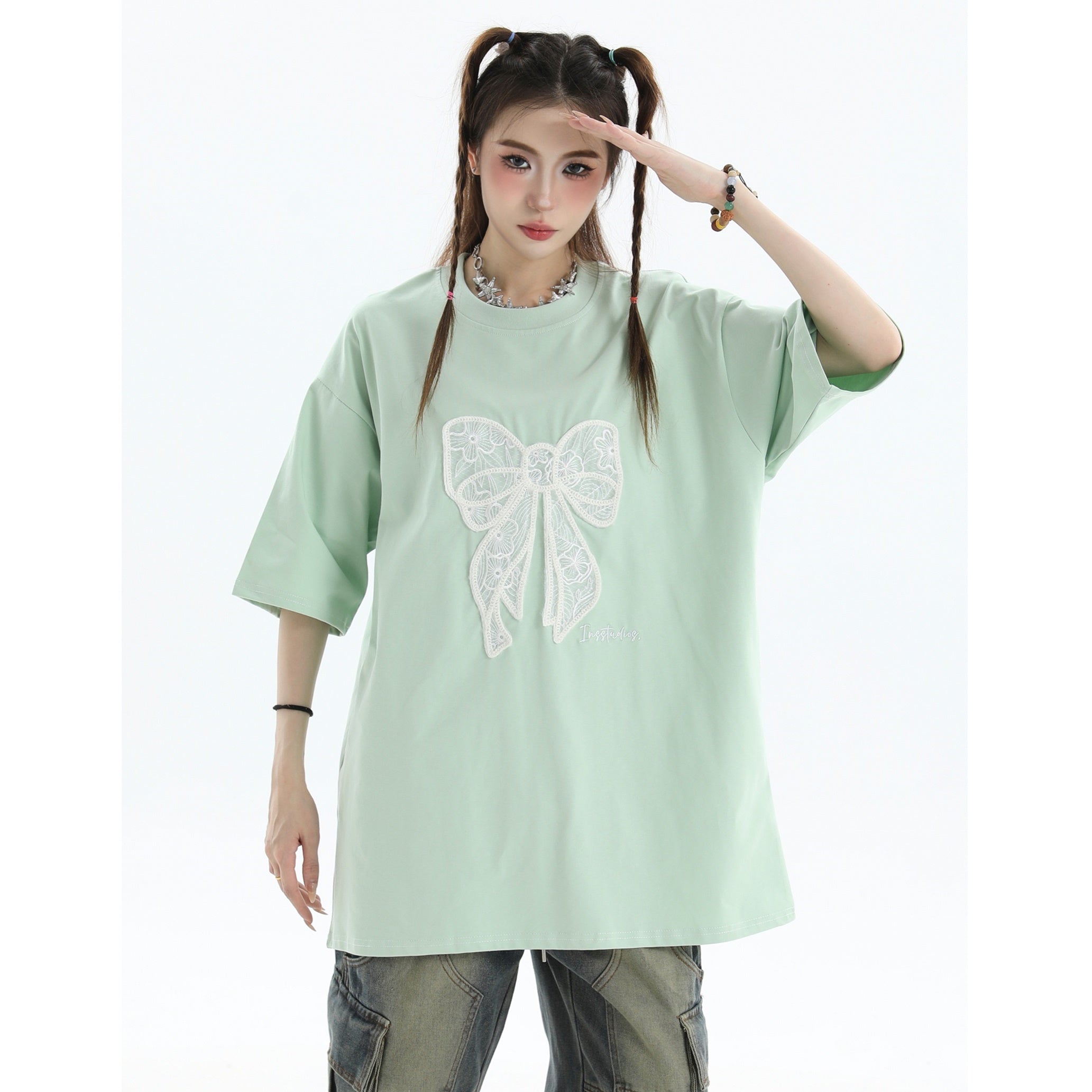 Lace Bow Short Sleeve Loose T-Shirt IN7034