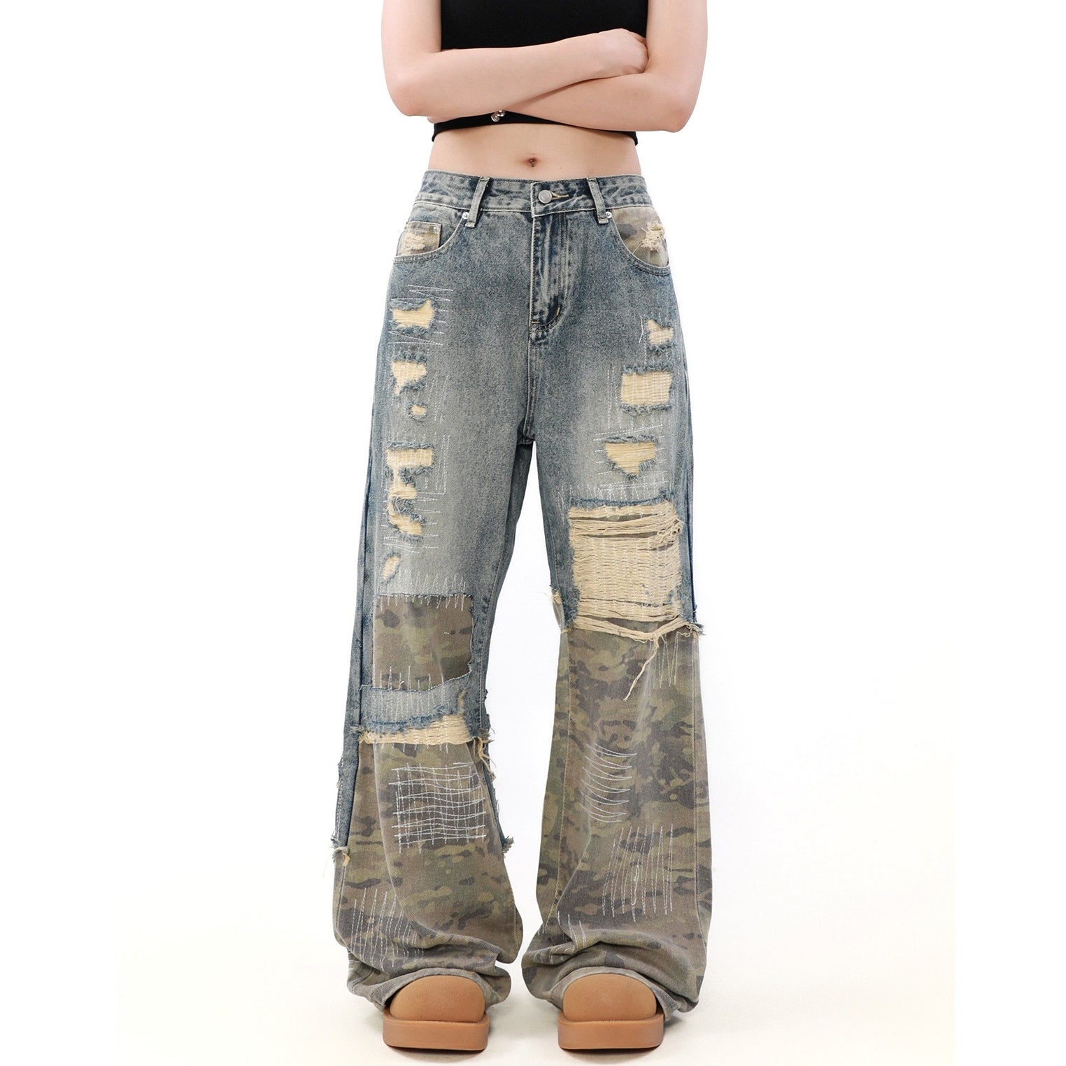 Splicing Camouflage Destruction Whiskering Jeans MB7206