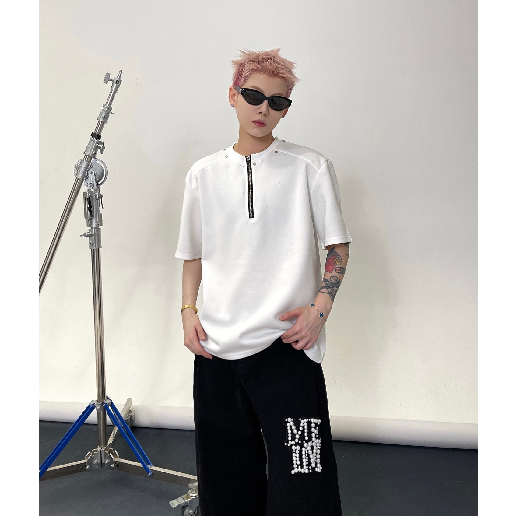 Half Zipper Rivet Design T-Shirt EAT140