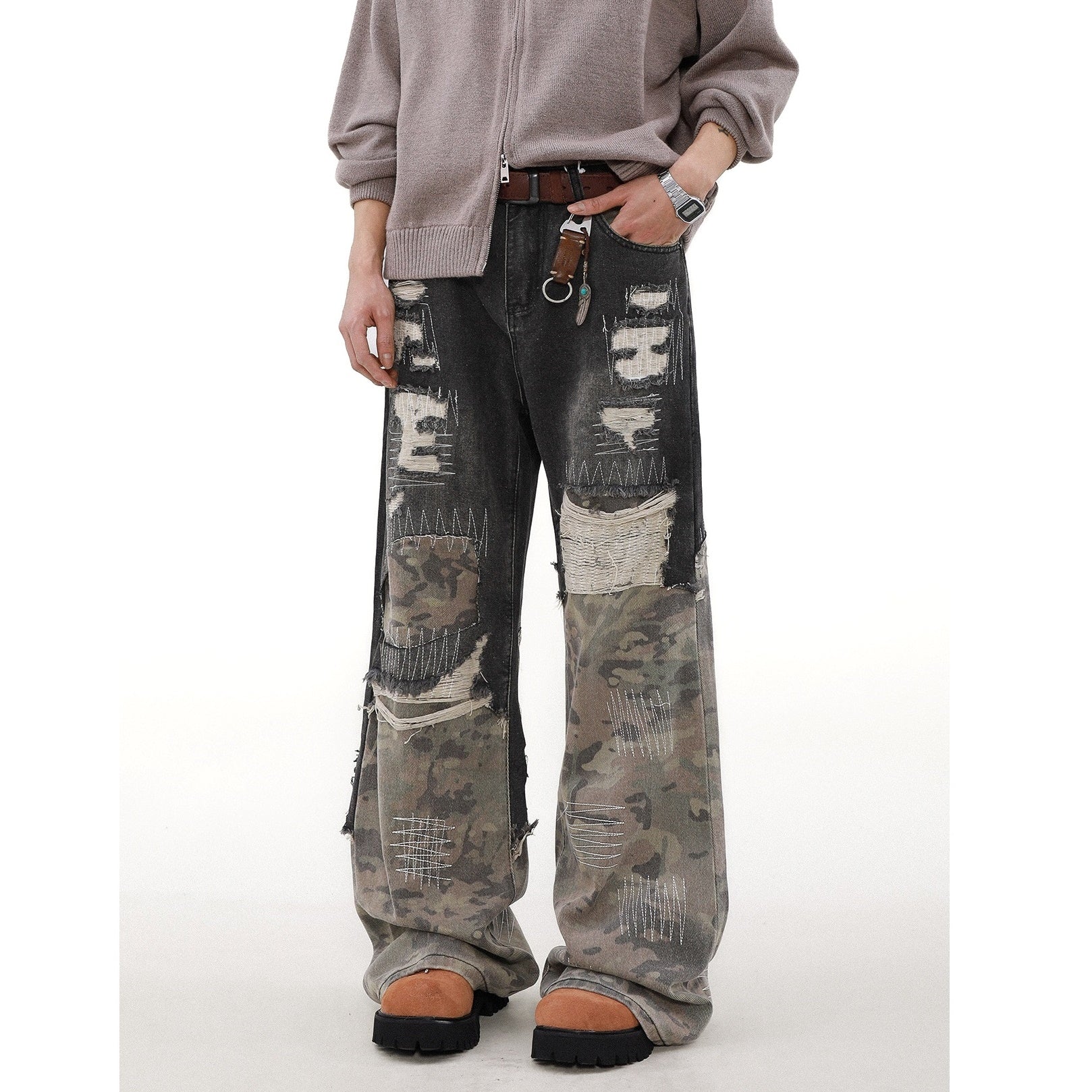 Camouflage Stitched Damage Loose Jeans MB7257