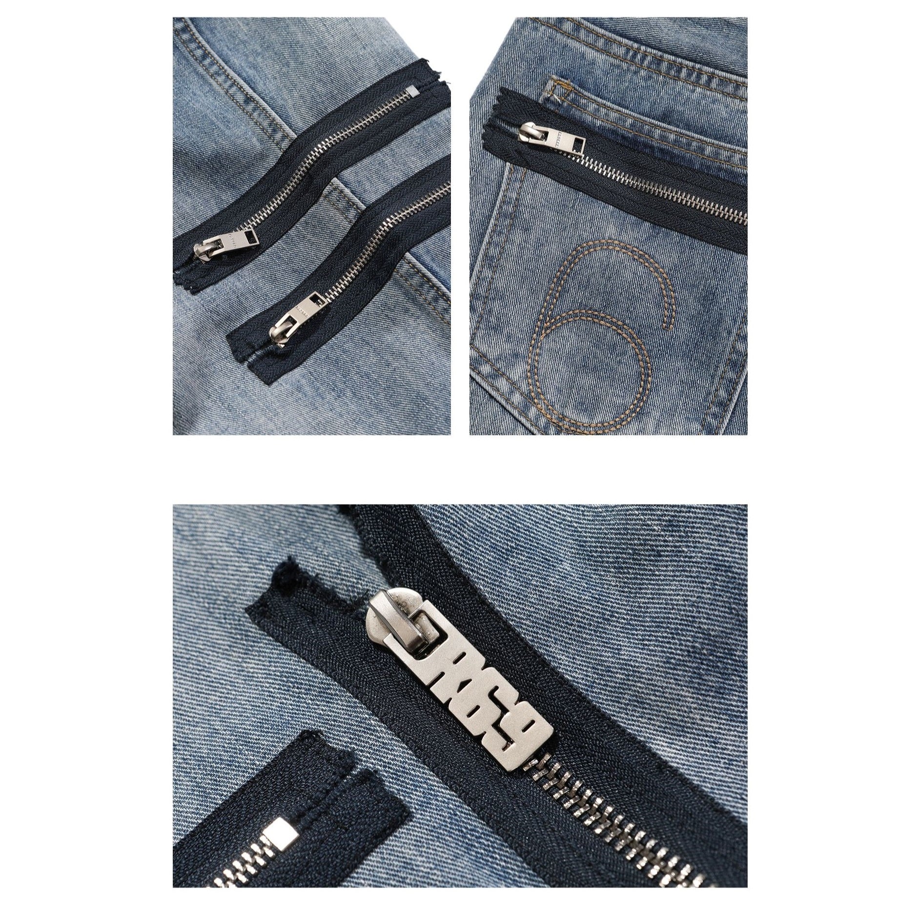 Multi-zip Wash Straight Jeans R9001