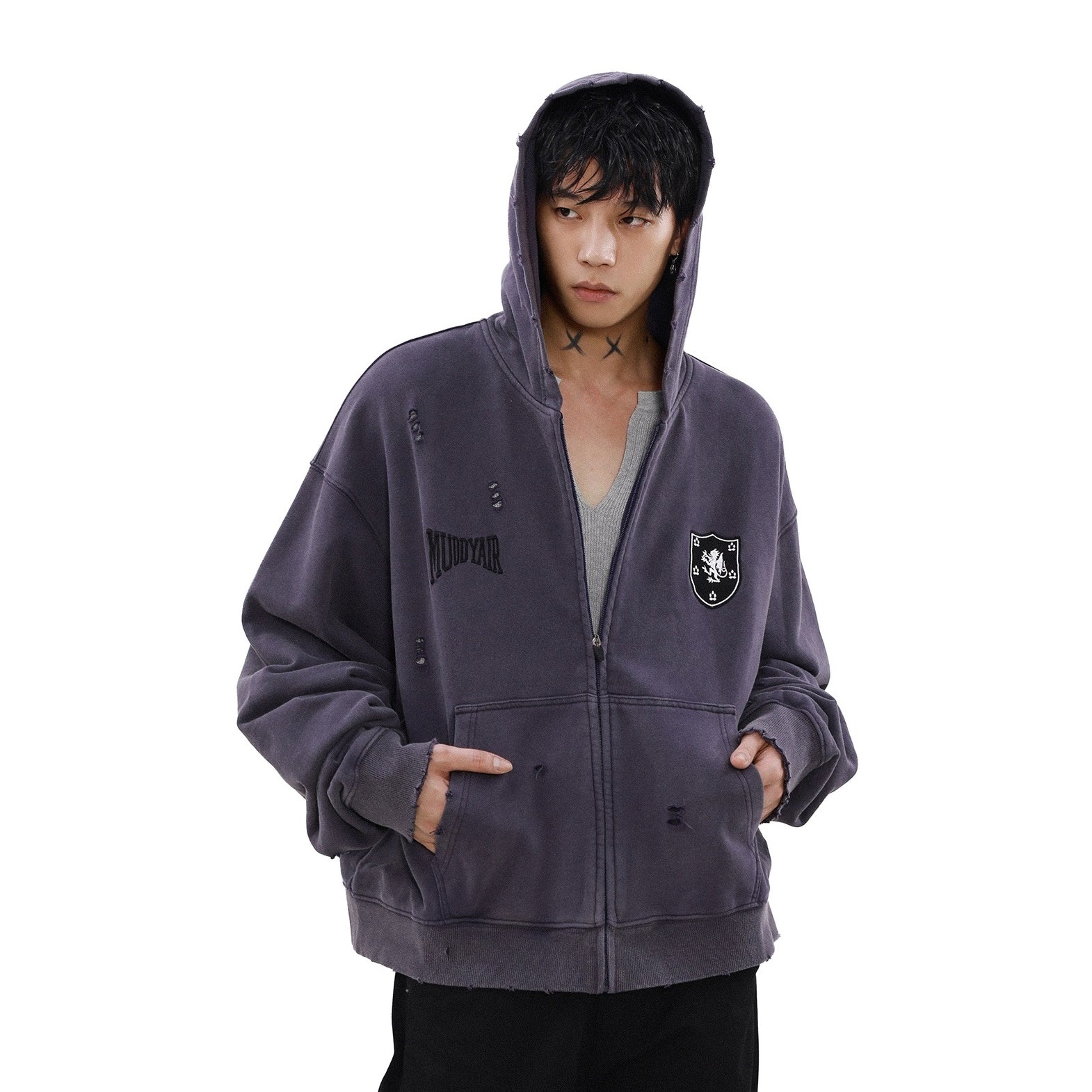 Street Distressed Sweat Zip-Up Hooded Parka MB7189