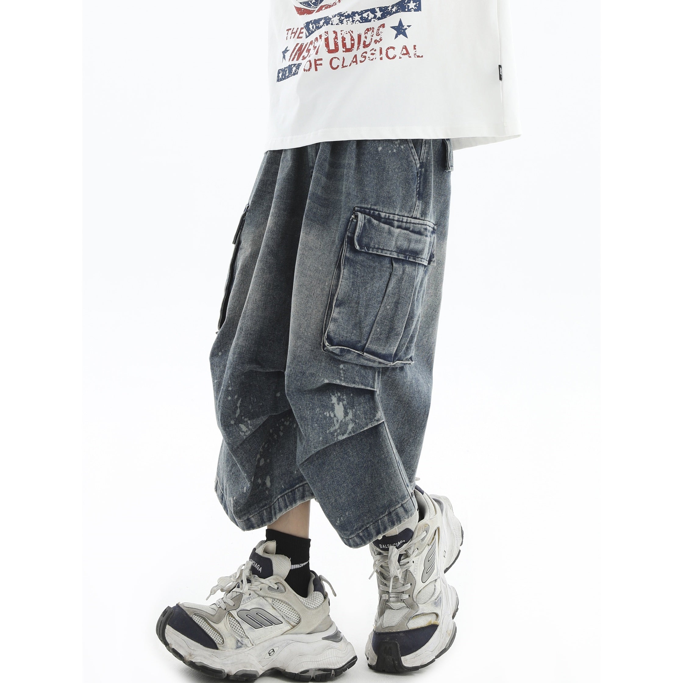 Paint-Splashed Pleated Denim Cropped Cargo Pants IN7022