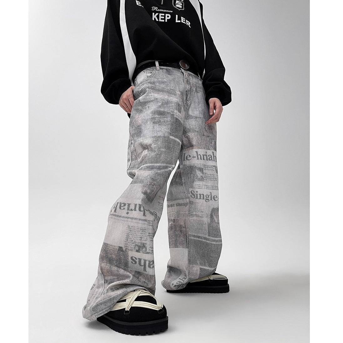 Graffiti Distressed Newspaper Pattern Jeans MB7090