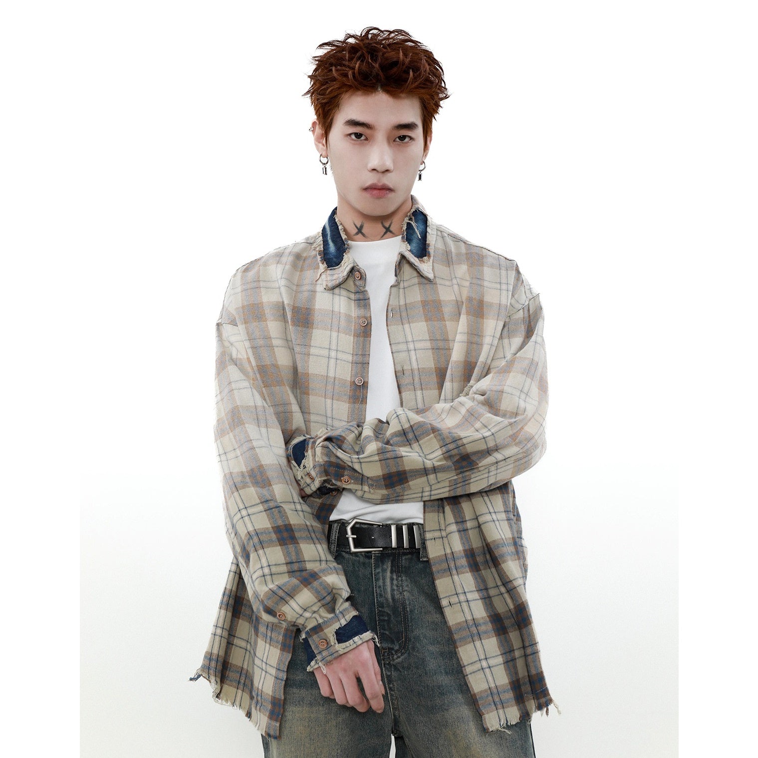 Gradient Plaid Long Sleeve Shirt Jacket MR013