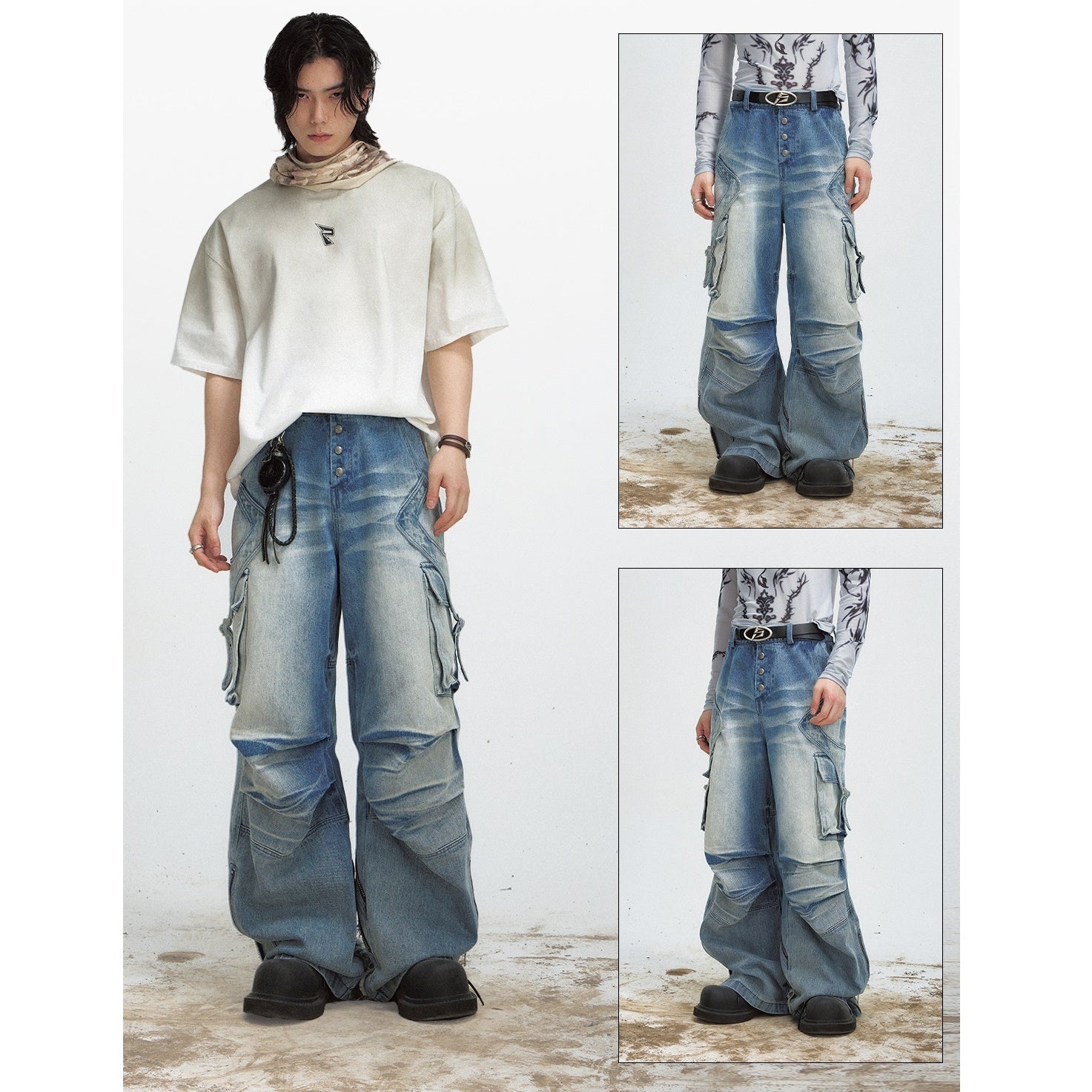 Shaped Breasted Pleated & Zipper Design Wide-Leg Cargo Jeans MB7024