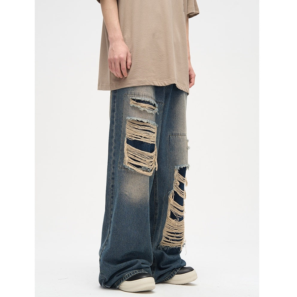 Street Patch Hole Design Loose Straight Jeans MB7003