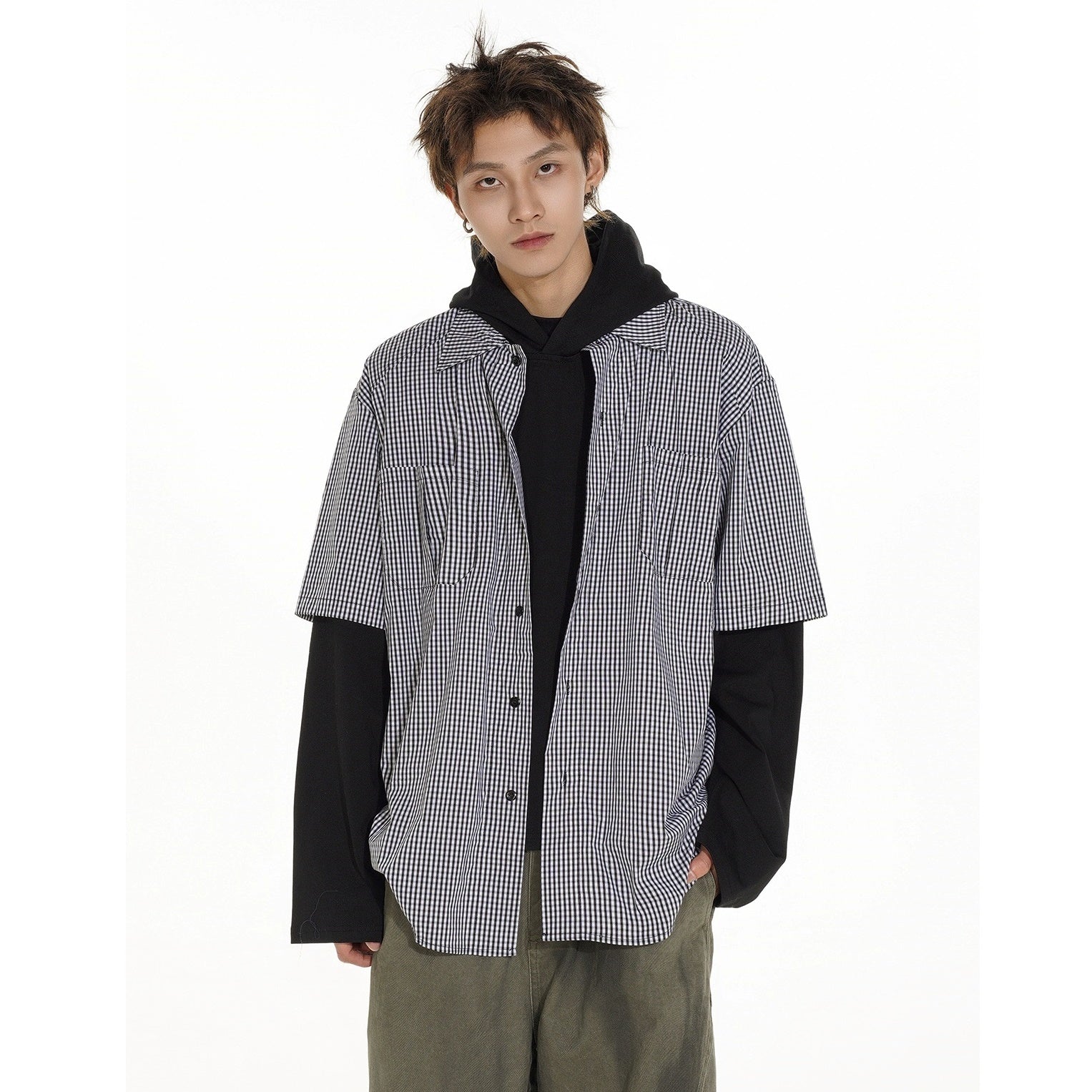 Fake Layered Plaid Shirt Hooded Pullover MB7143