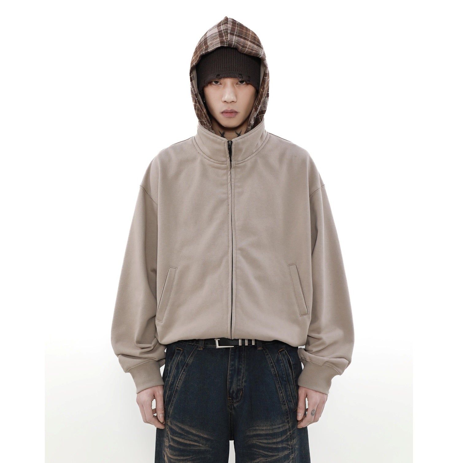 Check Hooded Stand Collar ZIP-Up Parka MB7234